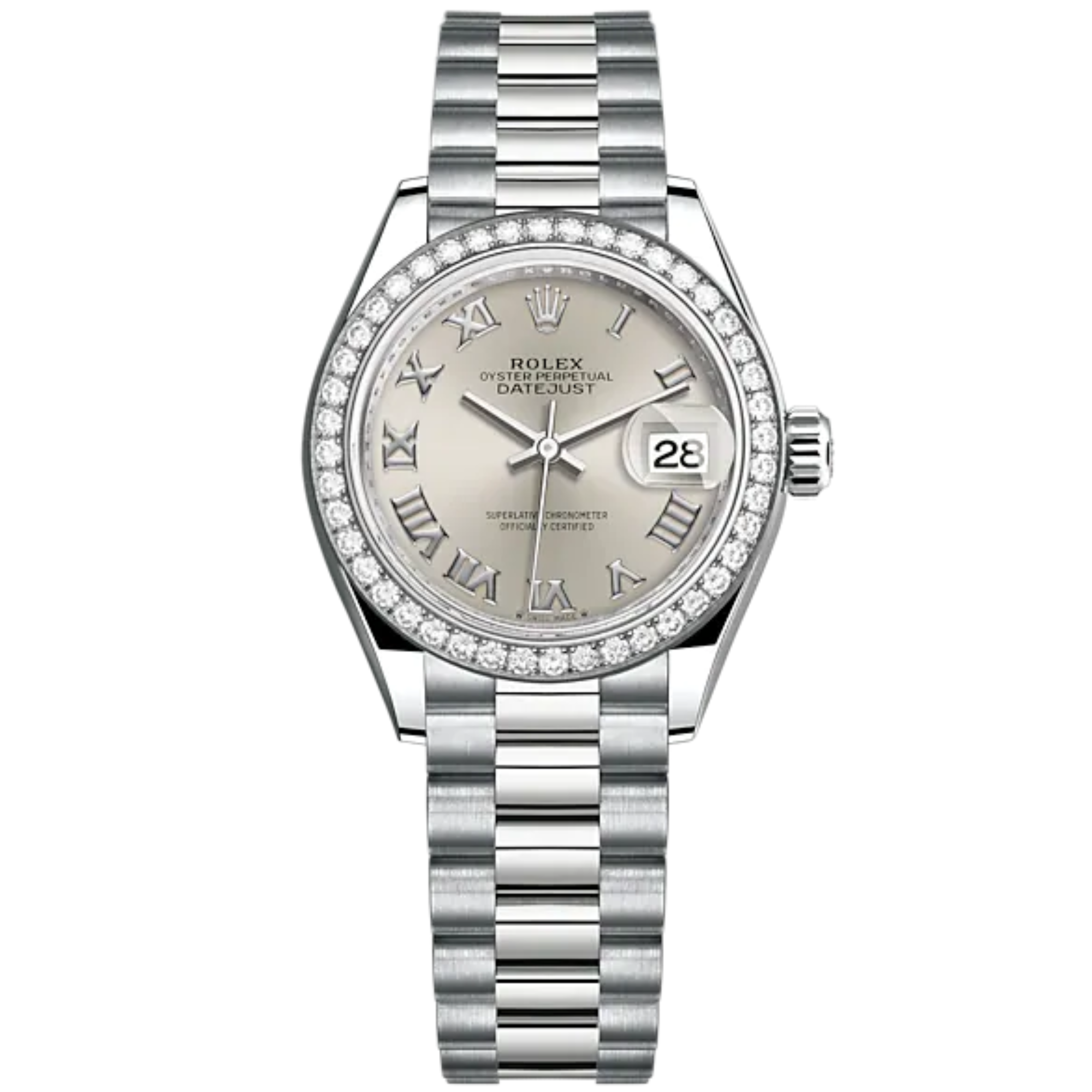 Lady-DateJust 28mm President Bracelet and 18 KT White Gold with Silver Roman Dial and Diamond-Set Bezel - Rolex