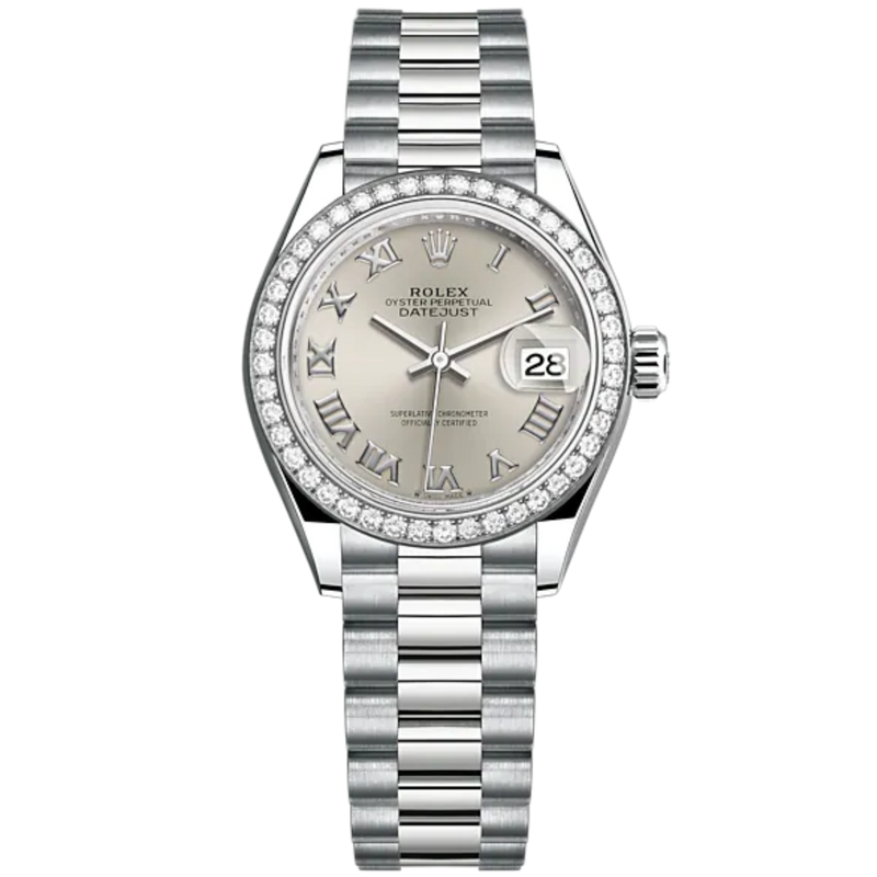 Lady-DateJust 28mm President Bracelet and 18 KT White Gold with Silver Roman Dial and Diamond-Set Bezel - Rolex