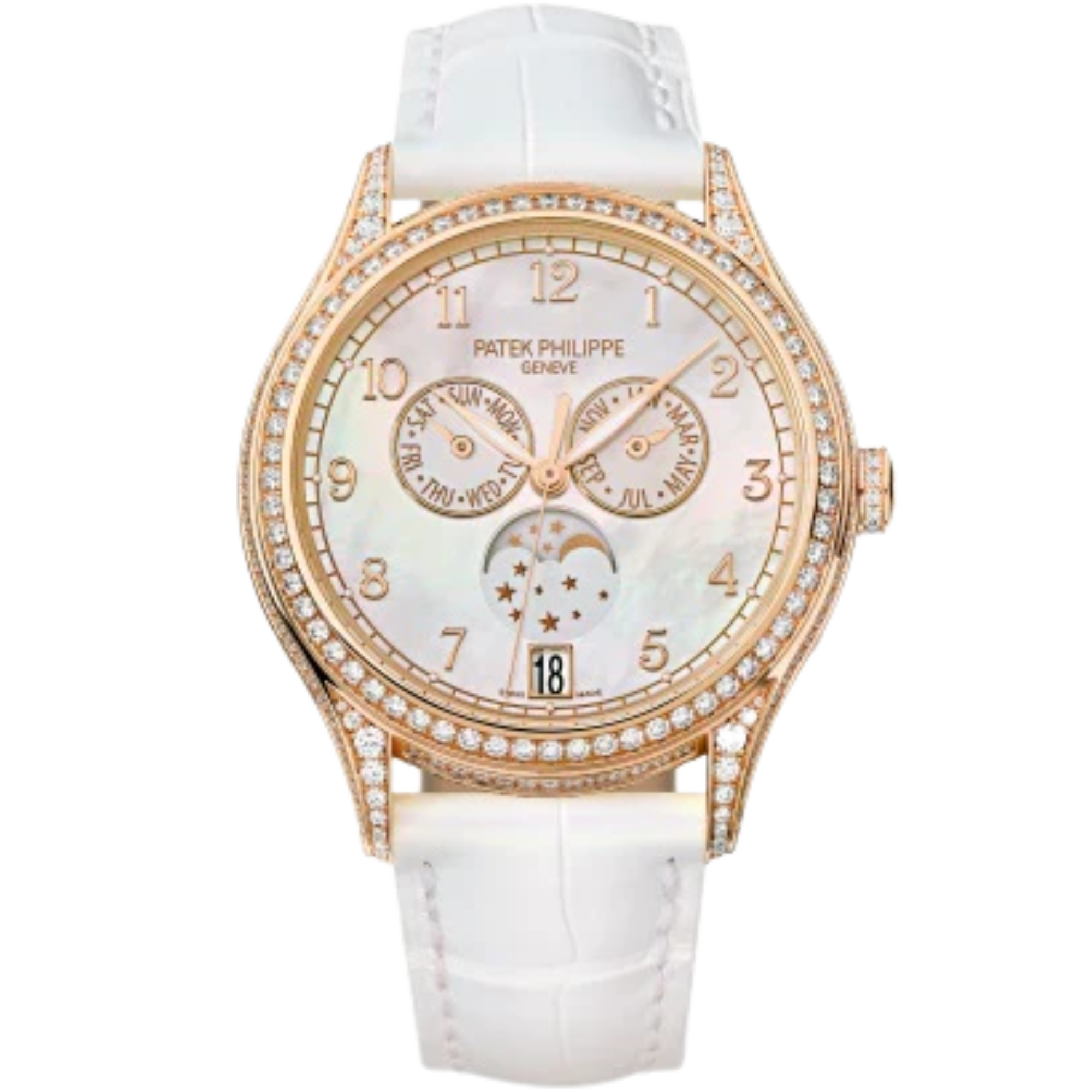 4948R Complications 38mm Matte Pearly White Alligator Strap White Balinese Mother-of-Pearl Dial Rose Gold Diamond-paved Bezel - Patek Philippe