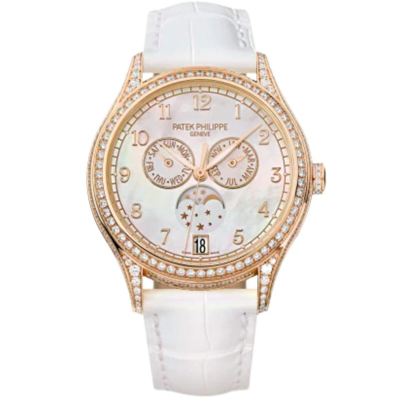 4948R Complications 38mm Matte Pearly White Alligator Strap White Balinese Mother-of-Pearl Dial Rose Gold Diamond-paved Bezel - Patek Philippe
