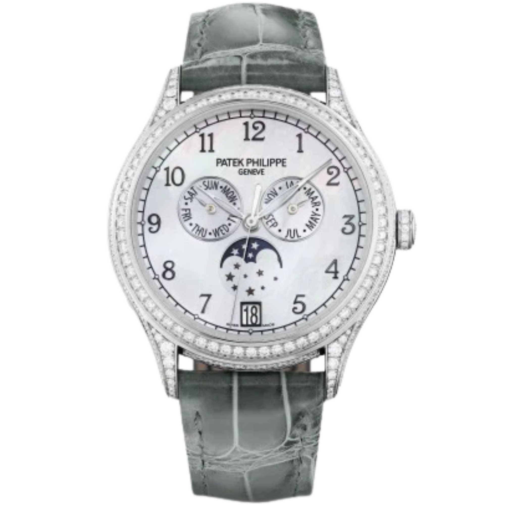 4948G Complications 38mm Pale Gray Shiny Alligator Strap White Balinese Mother-of-Pearl Dial White Gold Diamond-paved Bezel - Patek Philippe