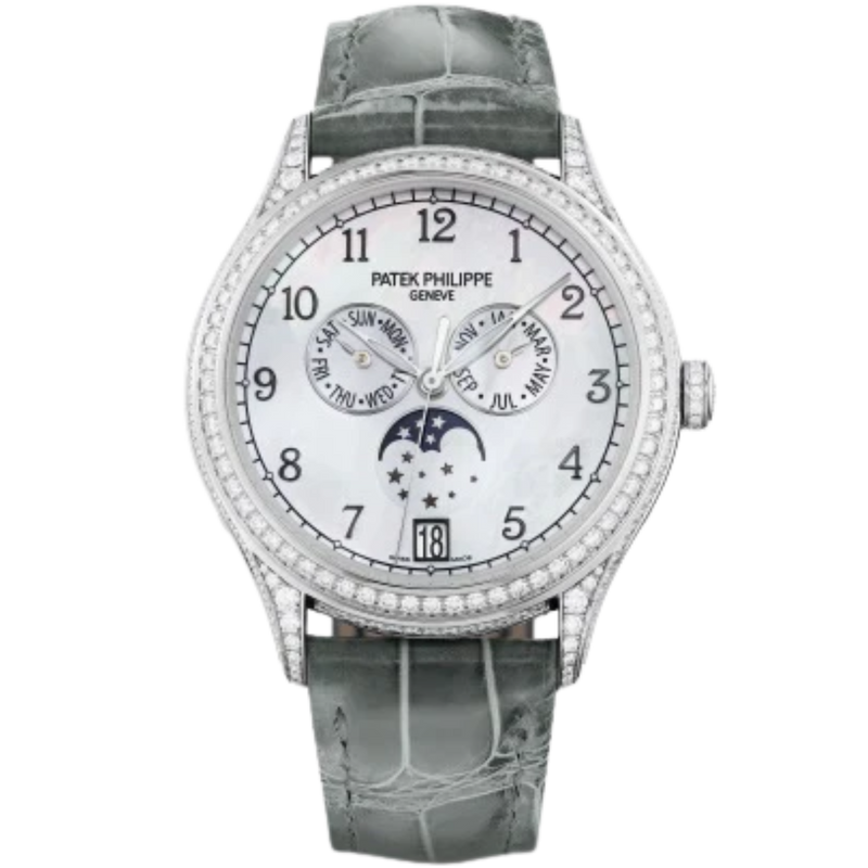 4948G Complications 38mm Pale Gray Shiny Alligator Strap White Balinese Mother-of-Pearl Dial White Gold Diamond-paved Bezel - Patek Philippe