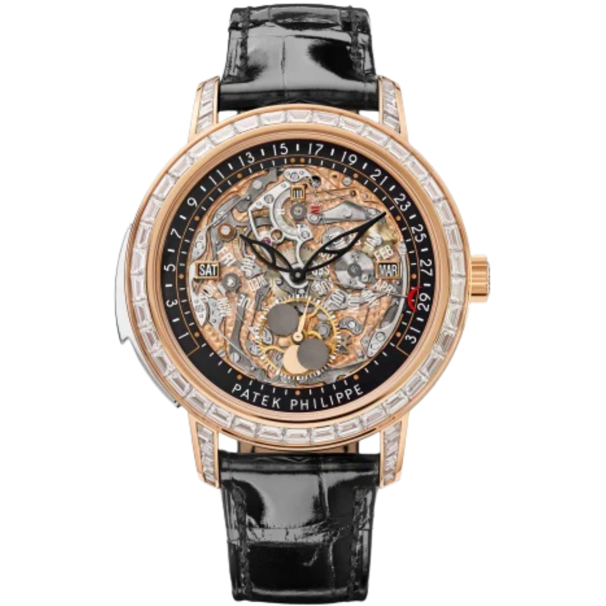 301R-001 Grand Complications 43mm Shiny Black Alligator Leather Strap Transparent Sapphire Dial Diamond-paved Rose Gold Bezel - Patek Philippe