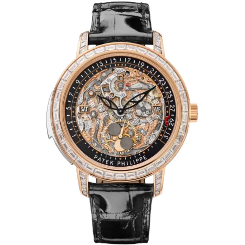 5304/301R-001 Grand Complications 43mm Shiny Black Alligator Leather Strap Transparent Sapphire Dial Diamond-paved Rose Gold Bezel - Patek Philippe