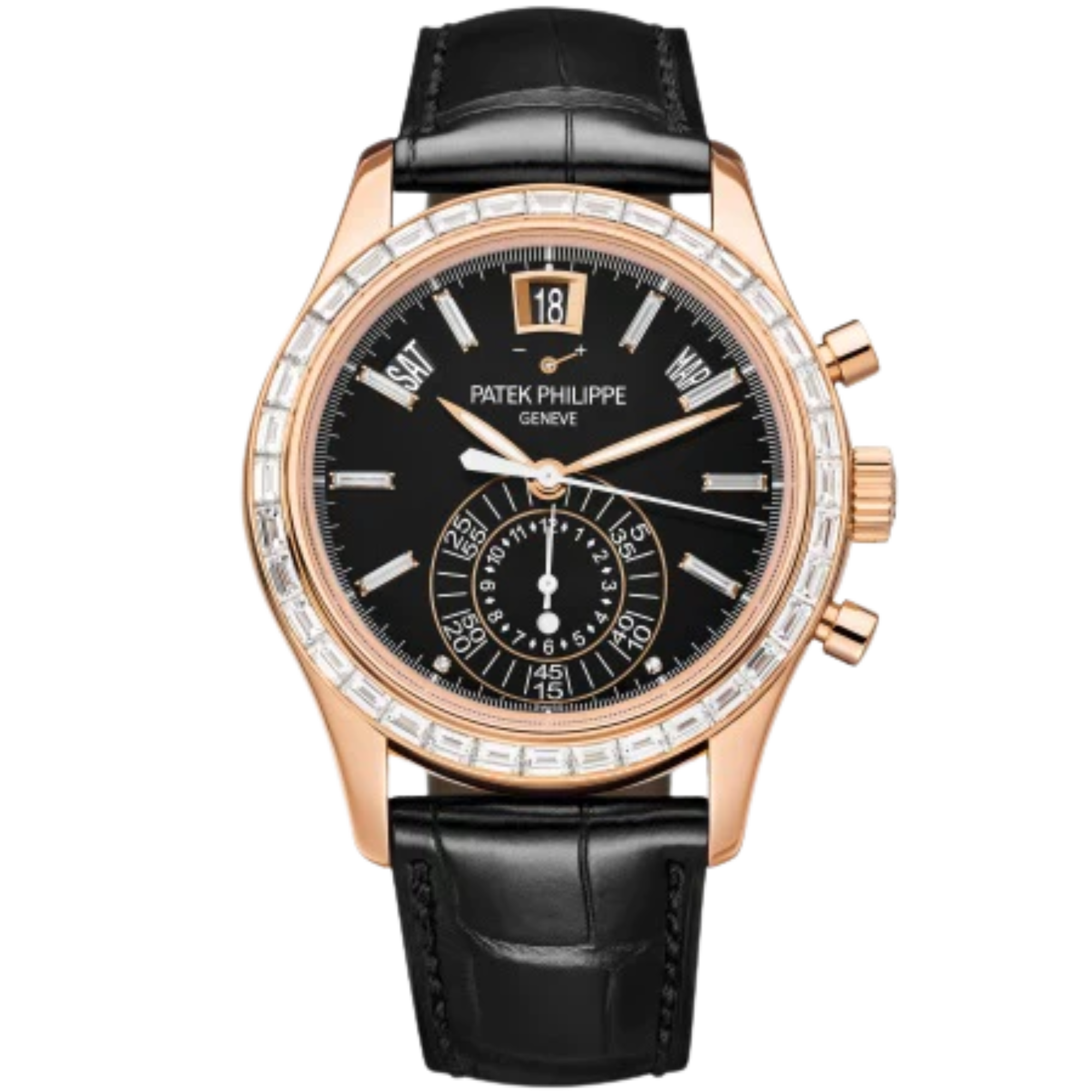 5961R Complications 40.5mm Matte Black Alligator Strap Ebony Black Opaline Dial Baguette Diamond-set Rose Gold Bezel - Patek Philippe
