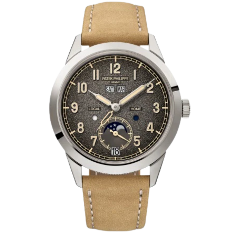 5326G Complications 41mm Nubuck Beige/Embossed Black Calfskin Strap Textured Charcoal Gray Gradient Black Rim Dial White Gold Bezel - Patek Philippe