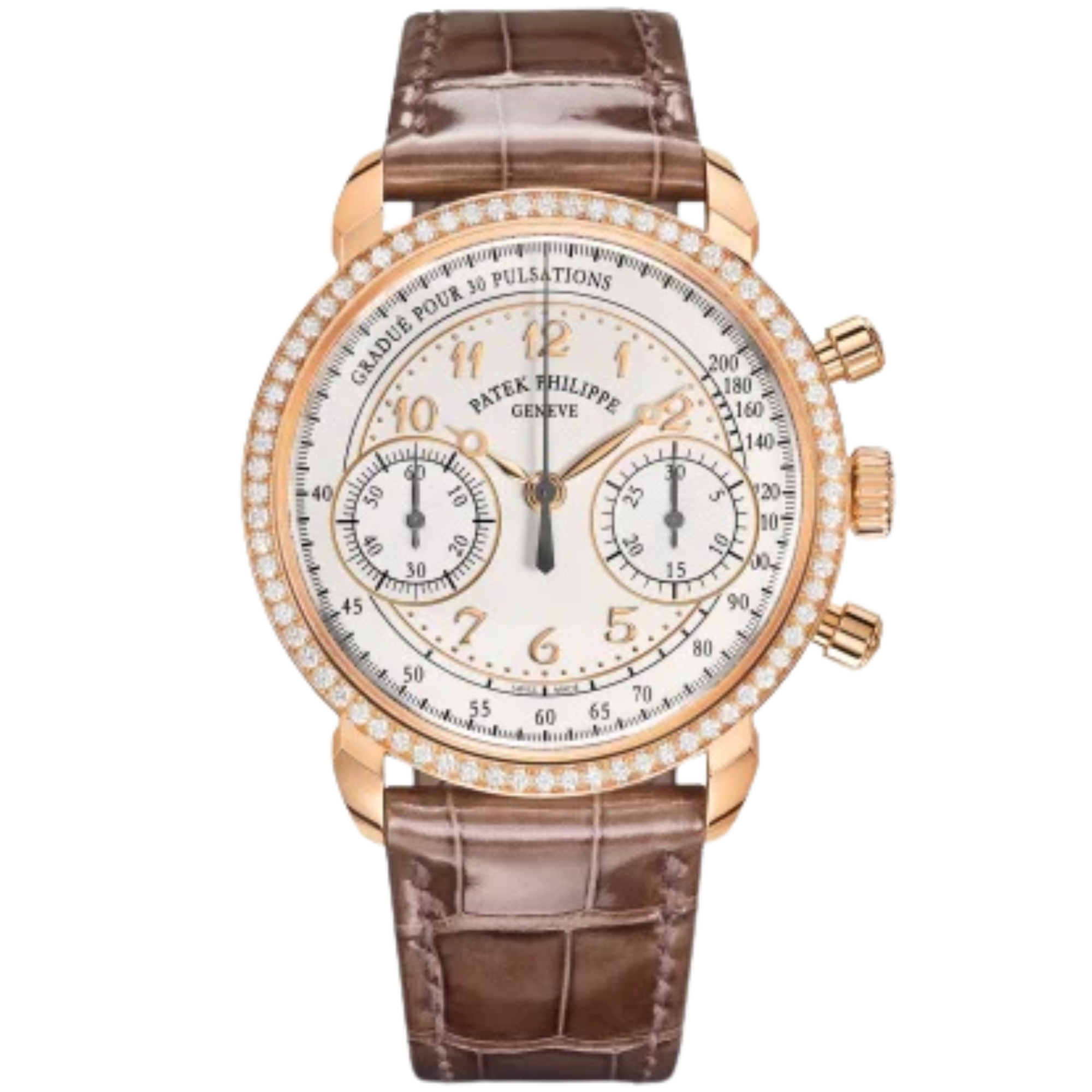 7150/250R Complications 38mm Shiny Mink Gray Alligator Strap   Silvery Opaline Dial Diamond-paved Rose Gold Bezel - Patek Philippe