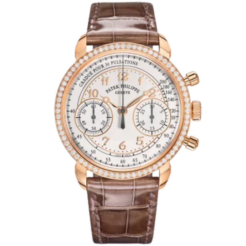7150/250R Complications 38mm Shiny Mink Gray Alligator Strap   Silvery Opaline Dial Diamond-paved Rose Gold Bezel - Patek Philippe