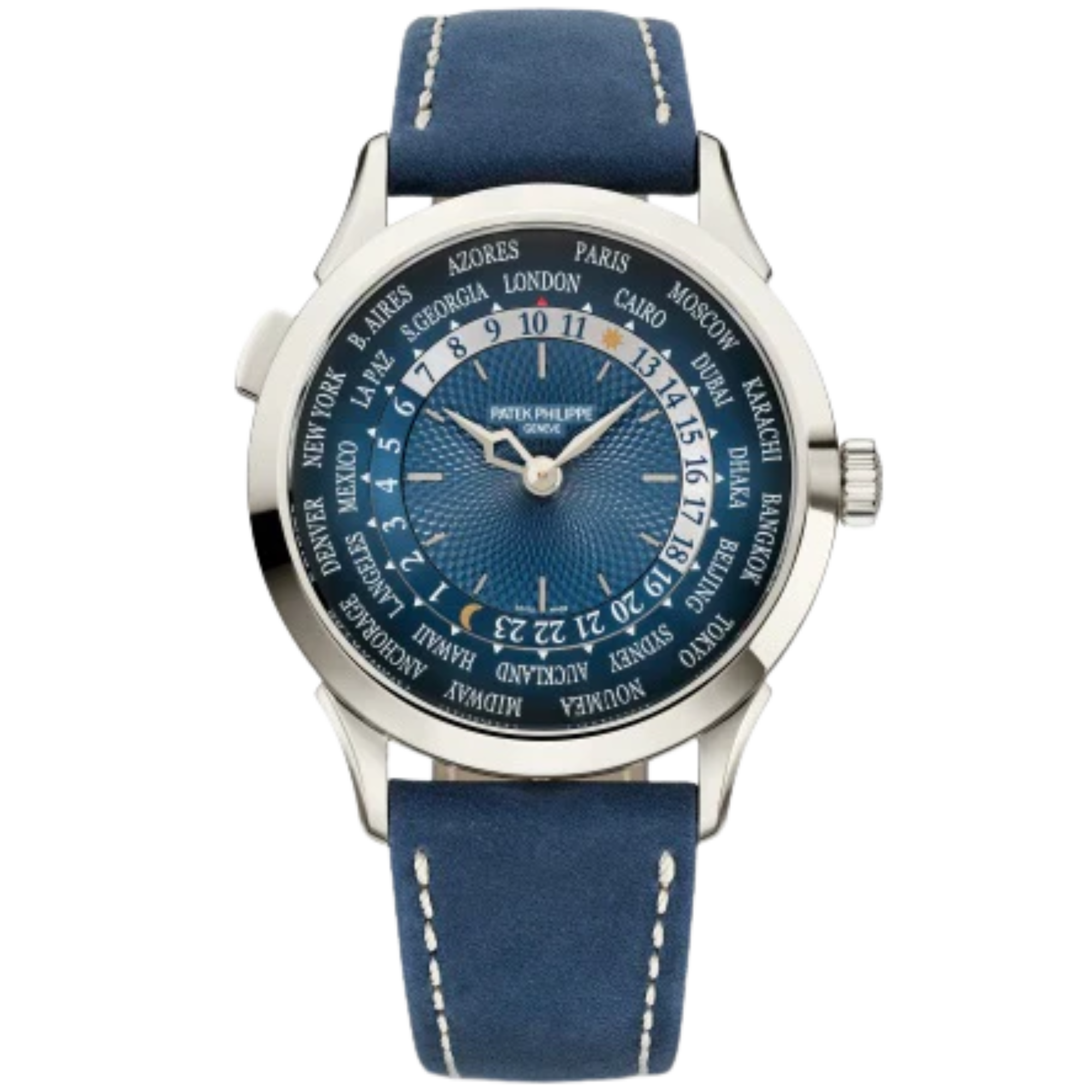 5230P Complications 38.5mm Navy Blue Calfskin Strap Blue Hand-Guilloched Dial Platinum Bezel - Patek Philippe