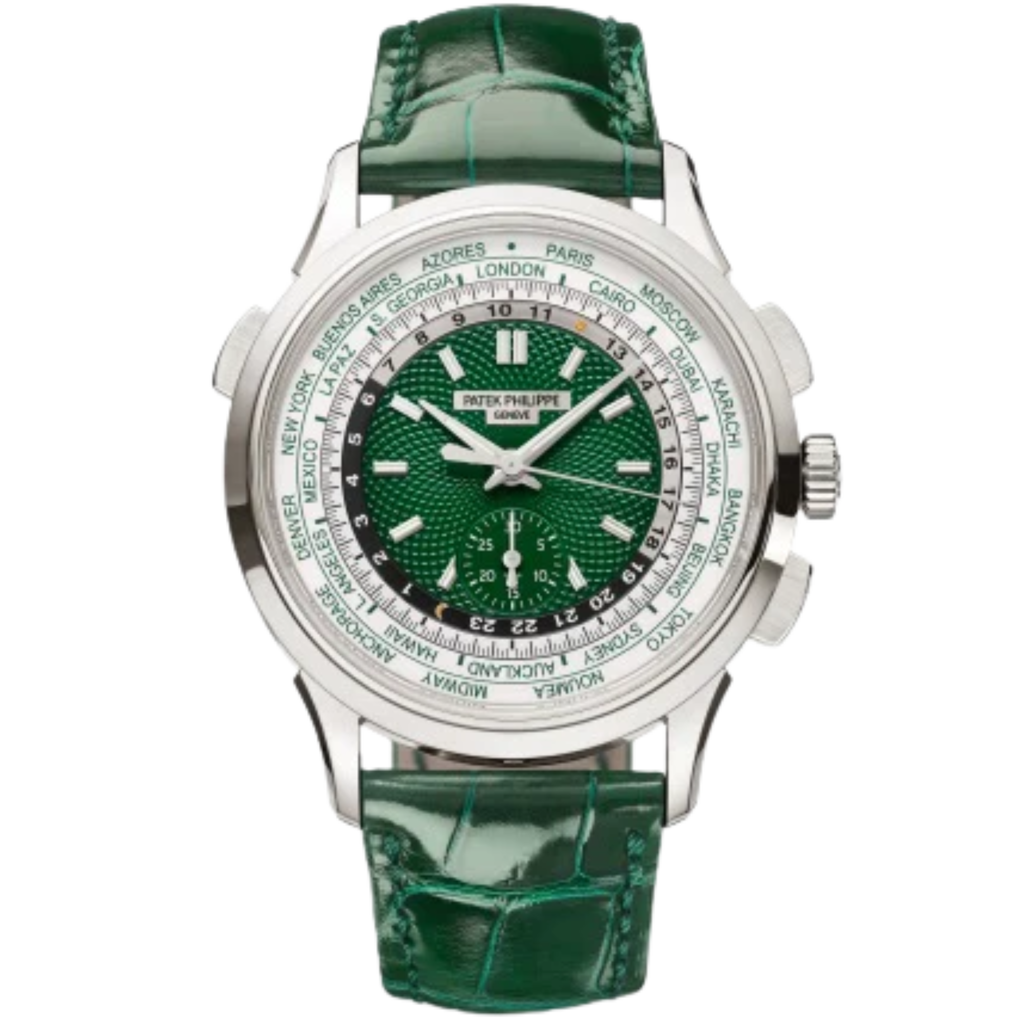 5930P Complications 39.5mm Shiny Bottle Green Alligator Strap Green Hand-Guilloched Dial Platinum Bezel - Patek Philippe