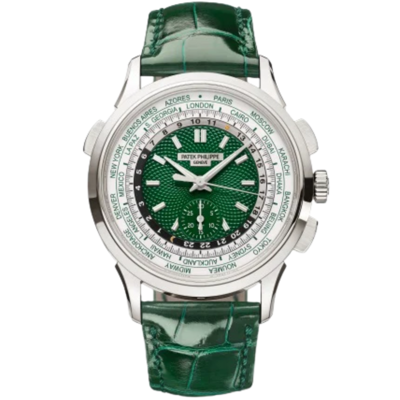 5930P Complications 39.5mm Shiny Bottle Green Alligator Strap Green Hand-Guilloched Dial Platinum Bezel - Patek Philippe