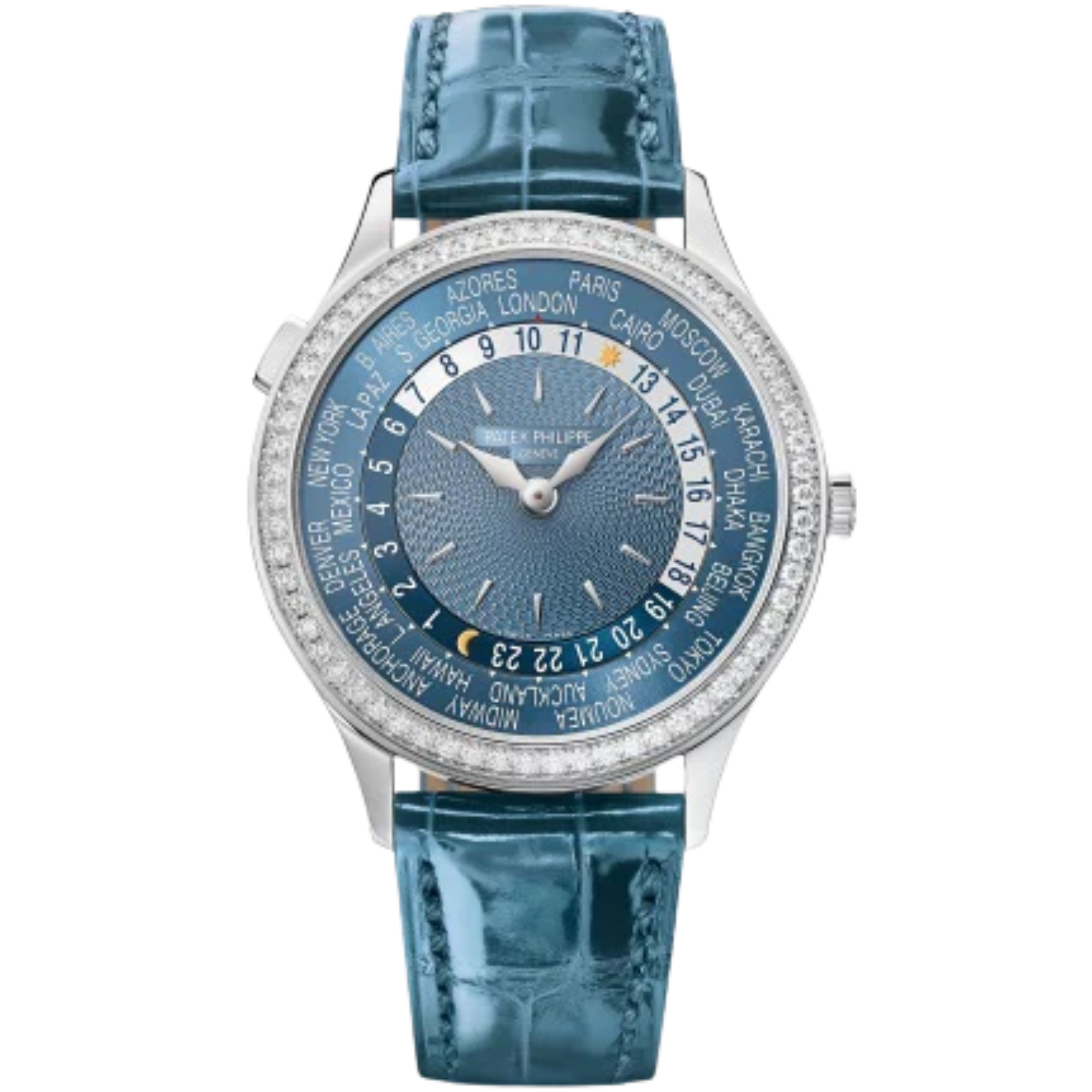 7130G Complications 36mm Shiny Peacock Blue Alligator Strap  Hand-Guilloched Gray-Blue Dial Diamond-set White Gold Bezel - Patek Philippe