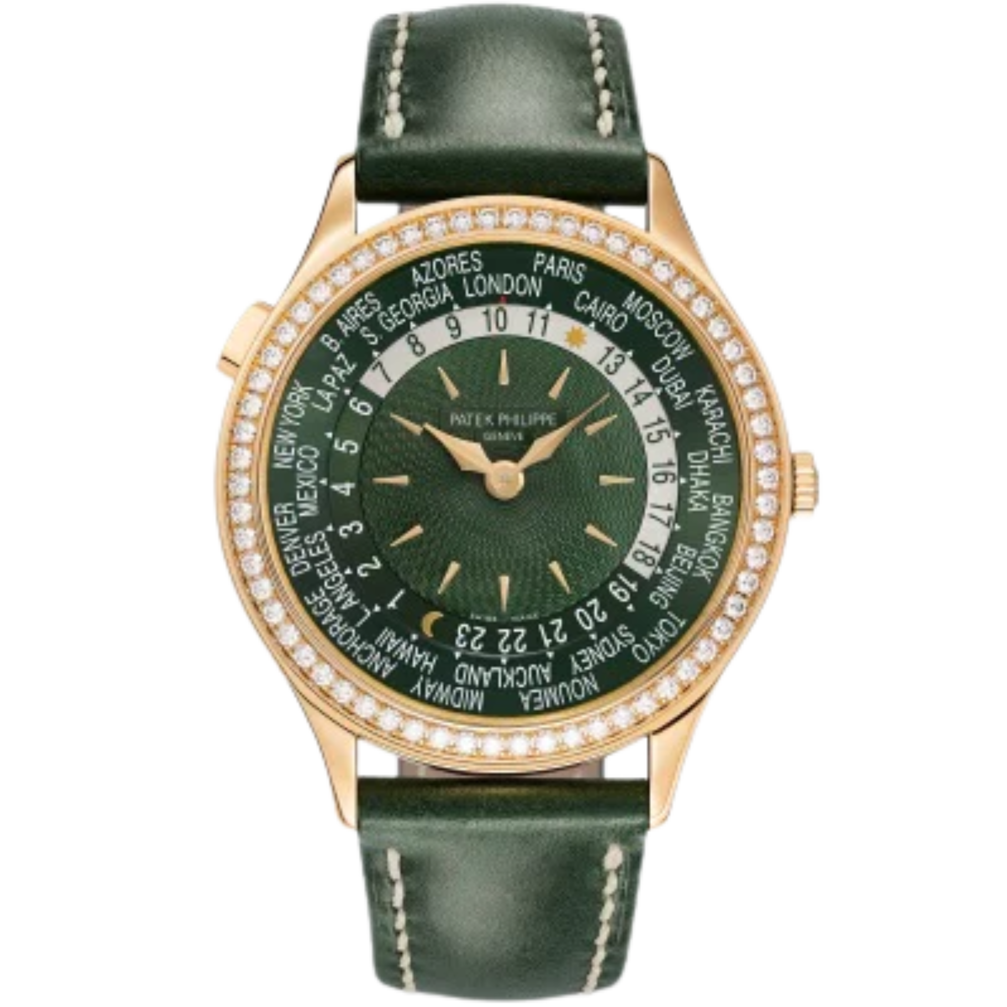 7130R Complications 36mm Shiny Olive Green Calfskin Hand-Guilloched Olive Green Dial Diamond-set Rose Gold Bezel - Patek Philippe