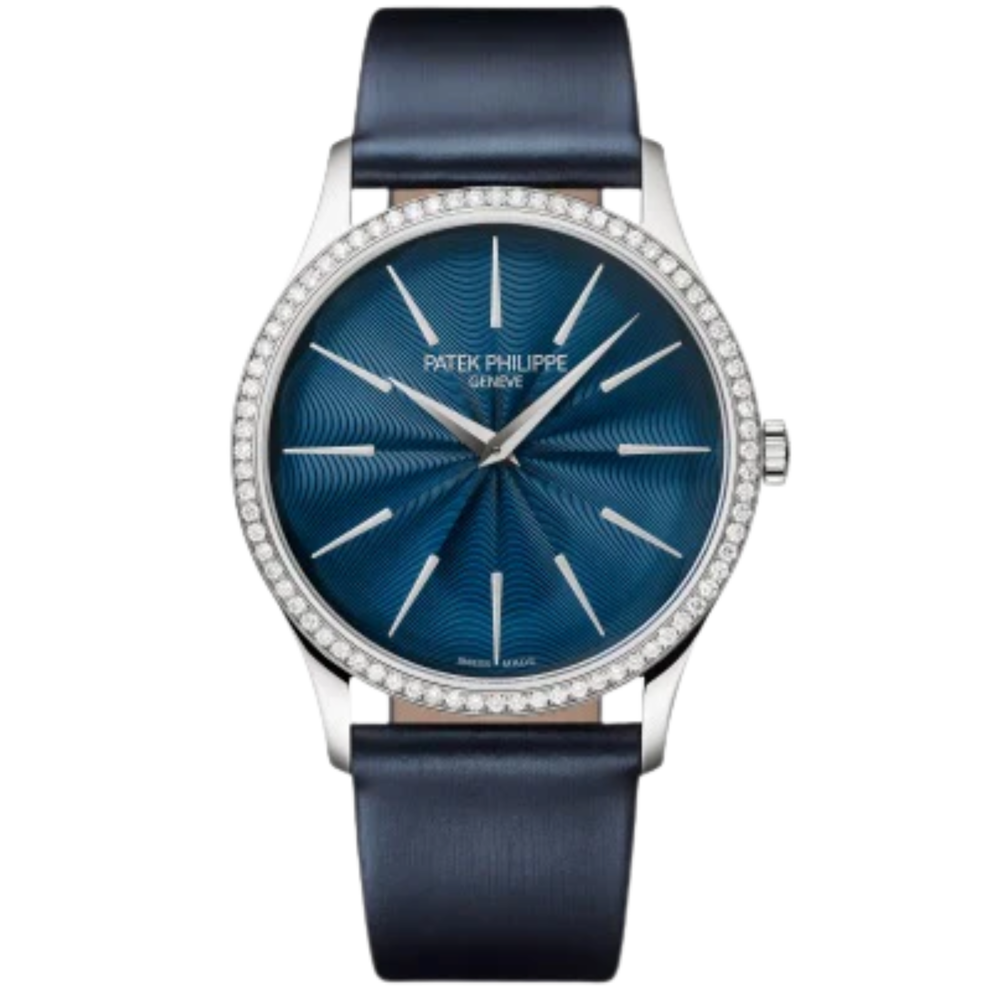 4997/200G Calatrava 35mm Satinated Shiny Navy Blue Brushed Calfskin Strap Midnight Blue Guilloched Lacquered Dial Diamond-set White Gold Bezel - Patek Philippe
