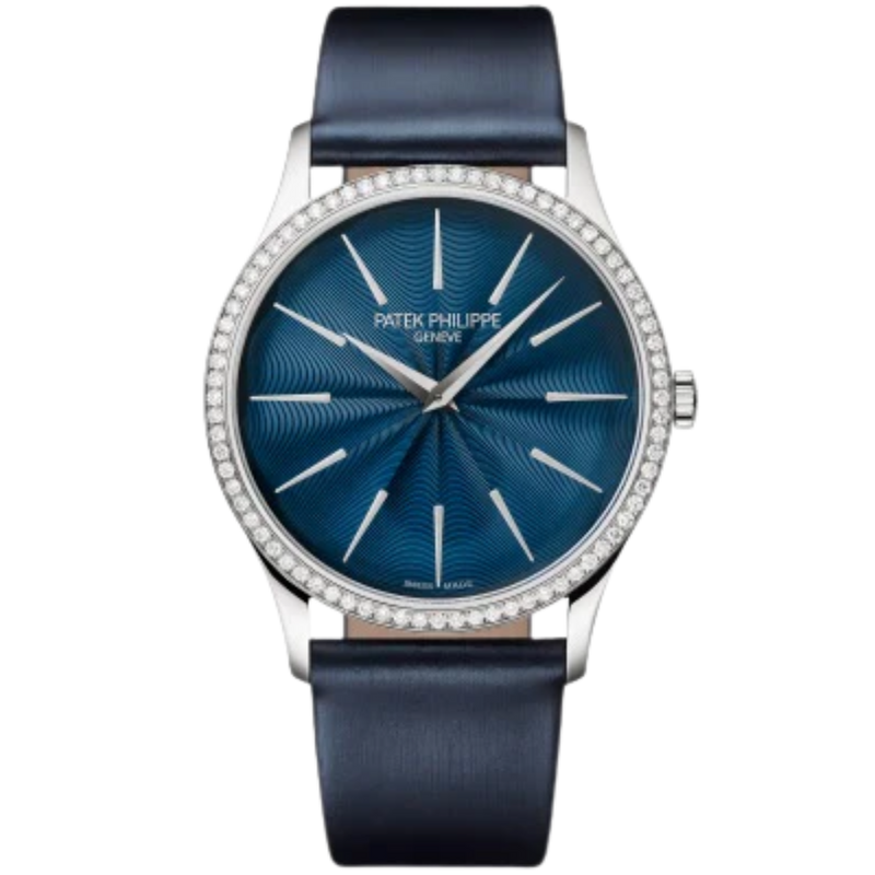 4997/200G Calatrava 35mm Satinated Shiny Navy Blue Brushed Calfskin Strap Midnight Blue Guilloched Lacquered Dial Diamond-set White Gold Bezel - Patek Philippe