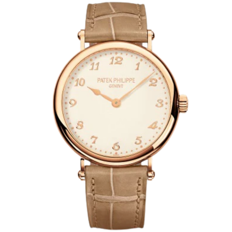 7200R Calatrava 34.6mm Matte Pearly Beige Alligator Strap Silvery-Grained Dial Rose Gold Bezel - Patek Philippe