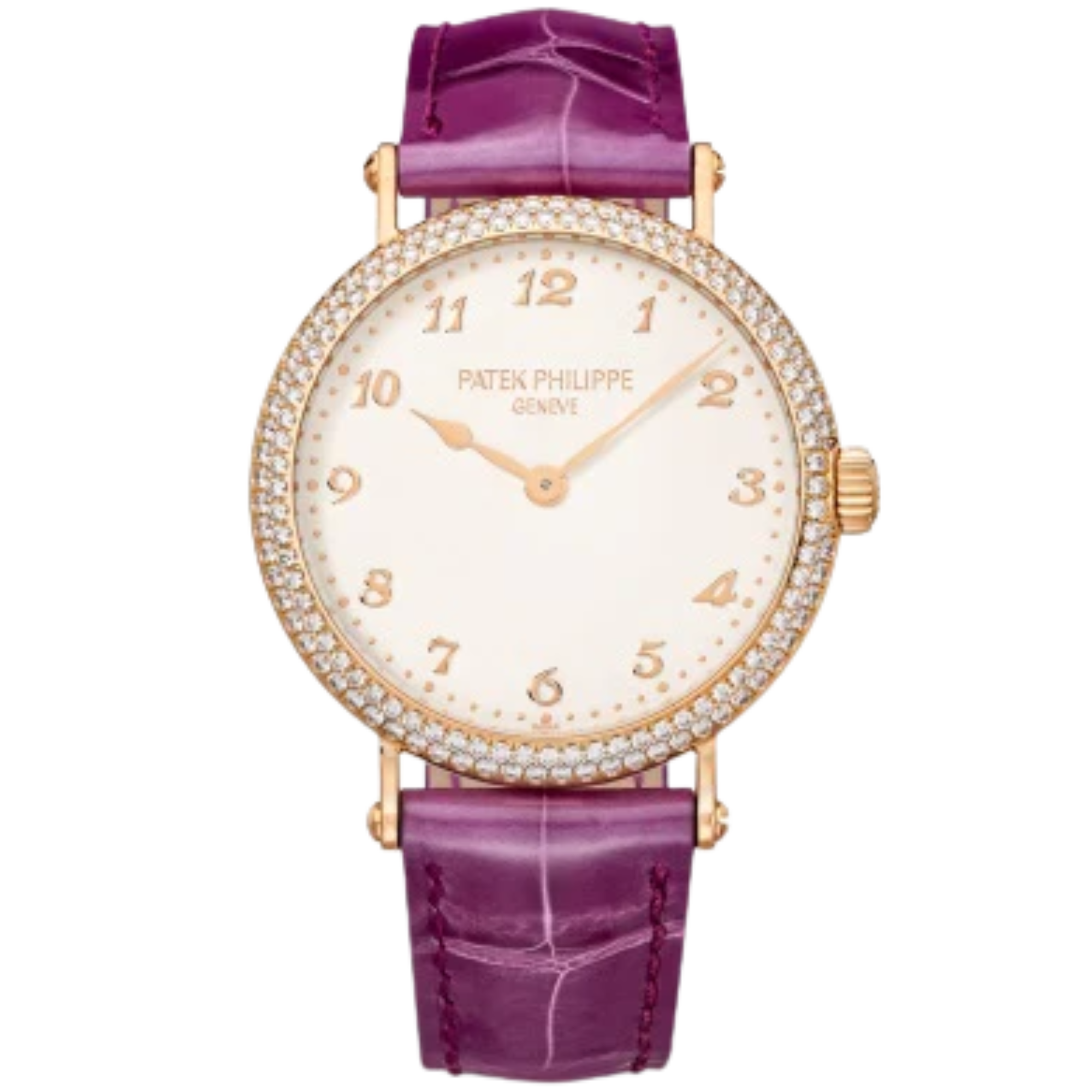 7200/200R Calatrava 34.6mm Shiny Royal Purple Alligator Strap Silvery-Grained Dial Diamond Case-set Rose Gold Bezel - Patek Philippe