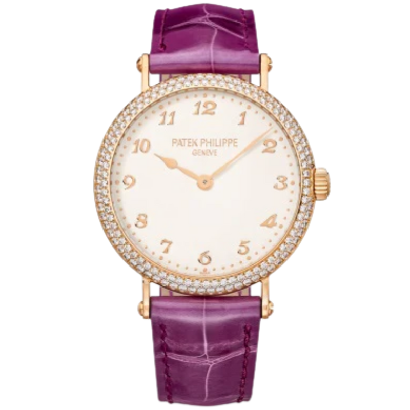 7200/200R Calatrava 34.6mm Shiny Royal Purple Alligator Strap Silvery-Grained Dial Diamond Case-set Rose Gold Bezel - Patek Philippe