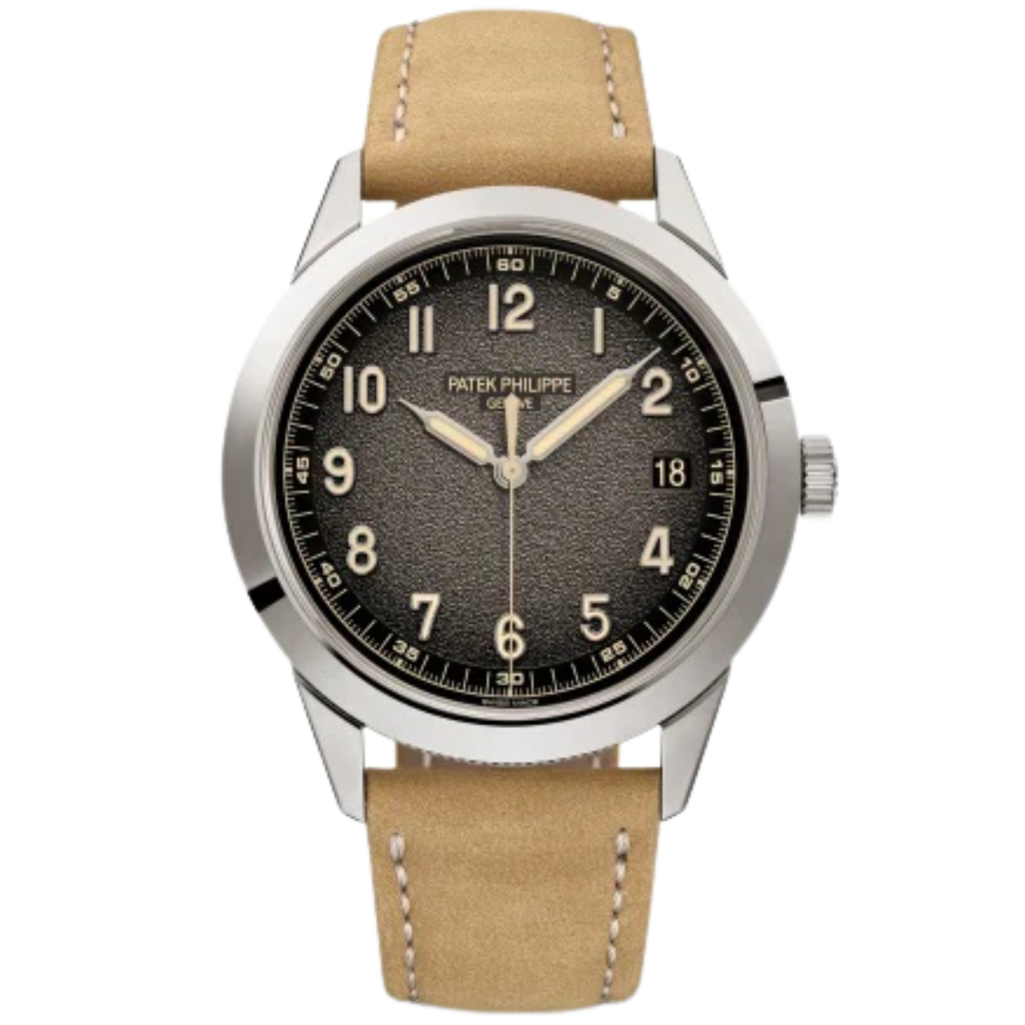 Embossed Black Calfskin Strap Textured Charcoal Gray Gradient Black Rim Dial White Gold Bezel - Patek Philippe