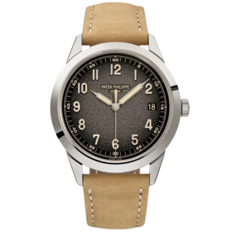 5226G Calatrava 40mm Nubuck Beige/Embossed Black Calfskin Strap Textured Charcoal Gray Gradient Black Rim Dial White Gold Bezel - Patek Philippe