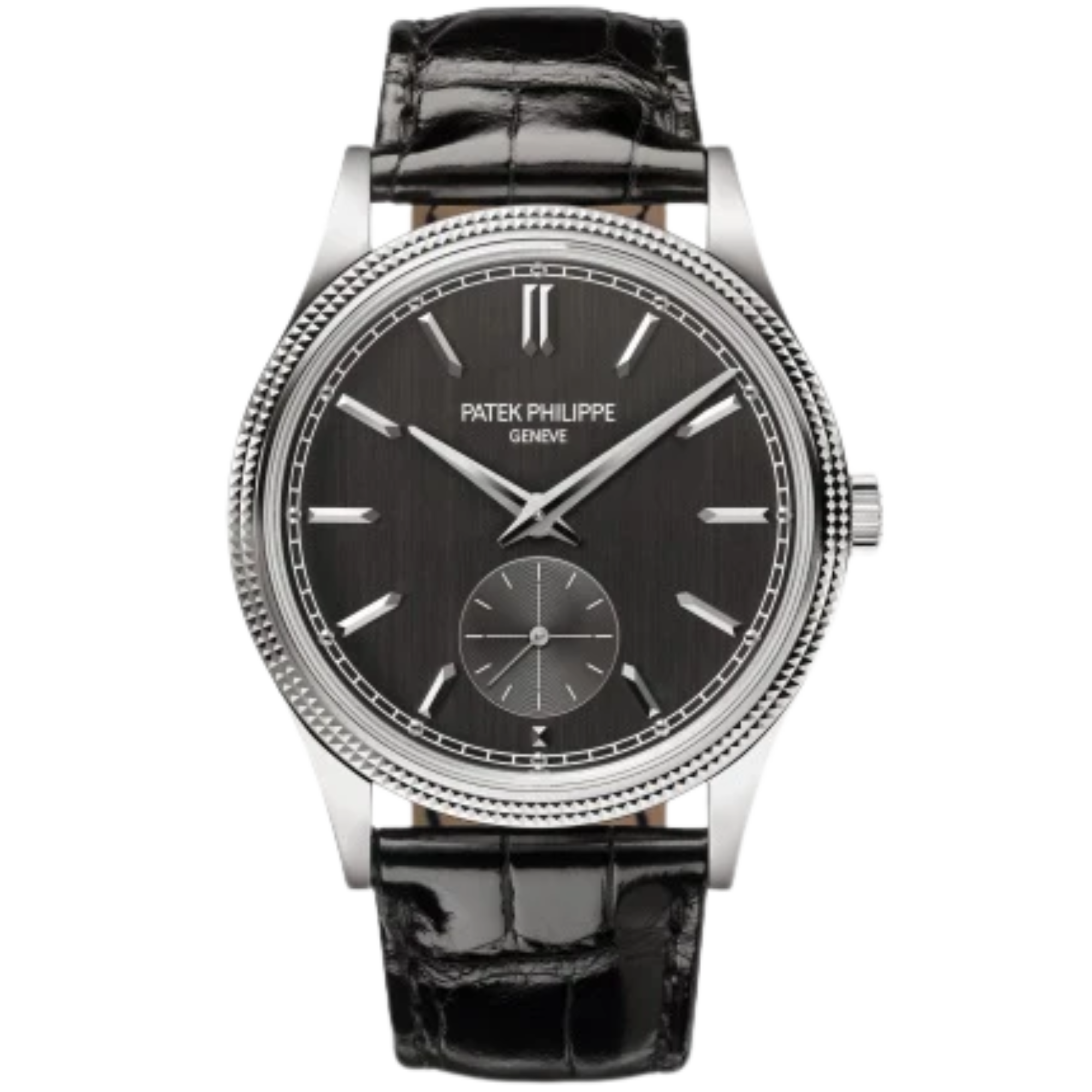 6119G Calatrava 39mm Shiny Black Alligator Leather Strap Charcoal Gray Satin Dial White Gold Bezel - Patek Philippe
