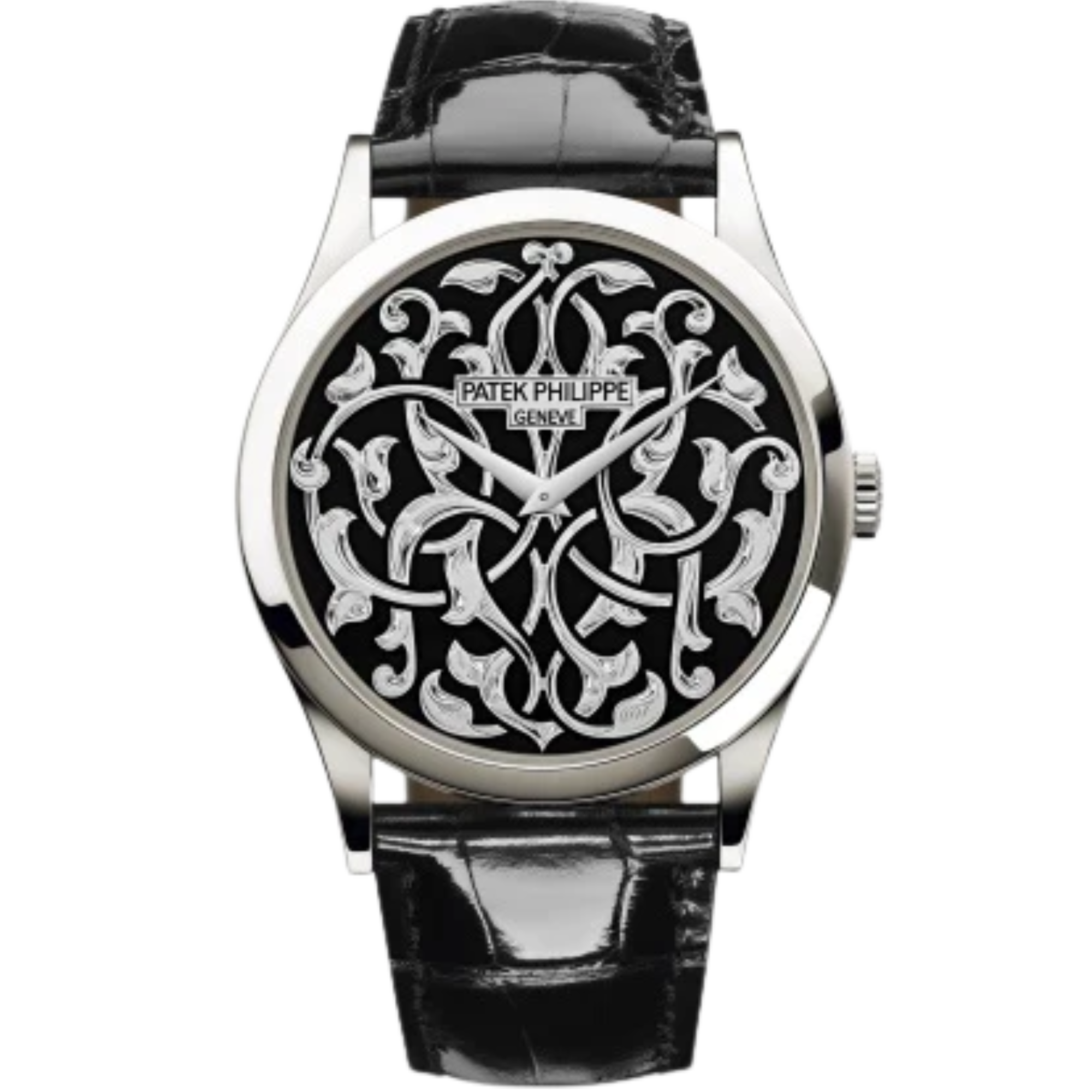 100P Calatrava 38mm Shiny Black Alligator Strap Hand-engraved Black Enamel 18K Gold Dial Platinum Bezel - Patek Philippe
