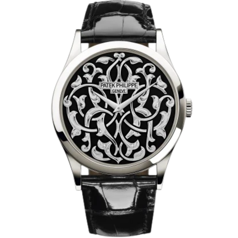 5088/100P Calatrava 38mm Shiny Black Alligator Strap Hand-engraved Black Enamel 18K Gold Dial Platinum Bezel - Patek Philippe