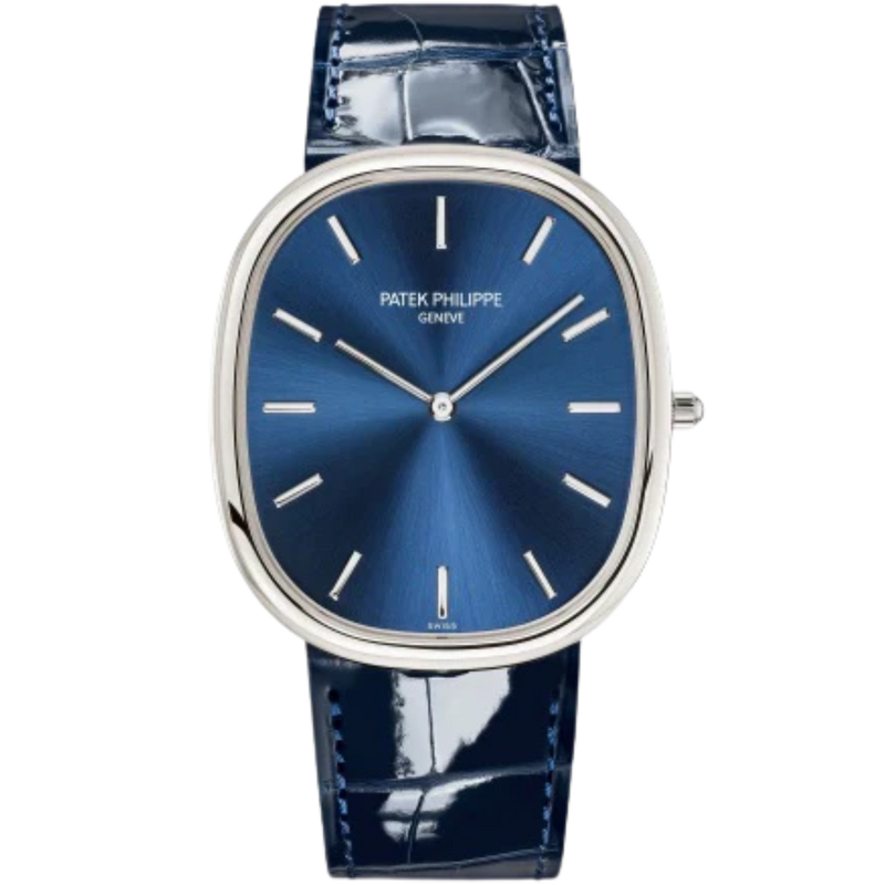 5738P Golden Ellipse Shiny Navy Blue Alligator Strap Blue Gold Sunburst Dial Platinum Bezel - Patek Philippe