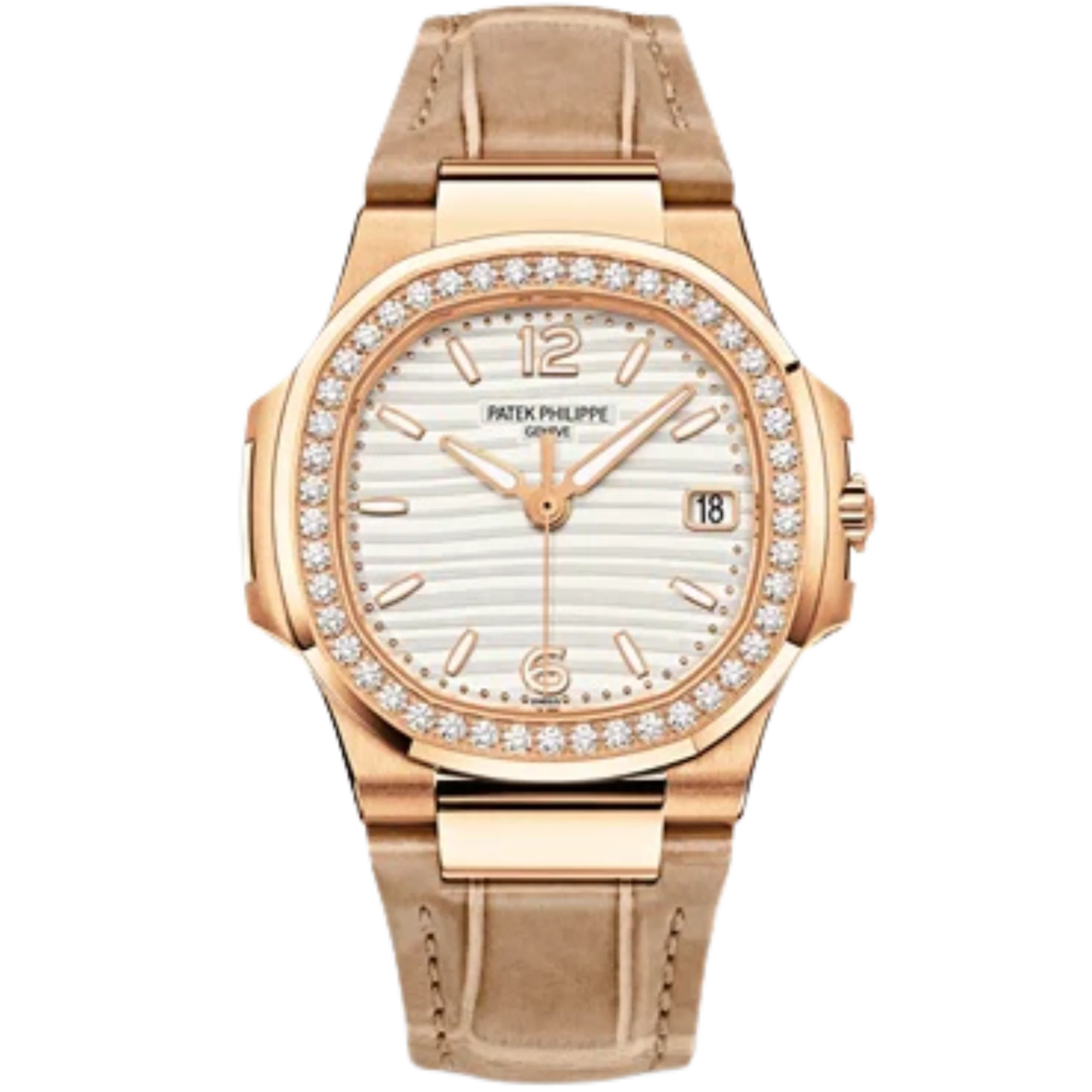 7010R Nautilus Beige Shiny Alligator Strap White Gold Embossed Dial Rose Gold Octagonal Diamond Bezel - Patek Philippe