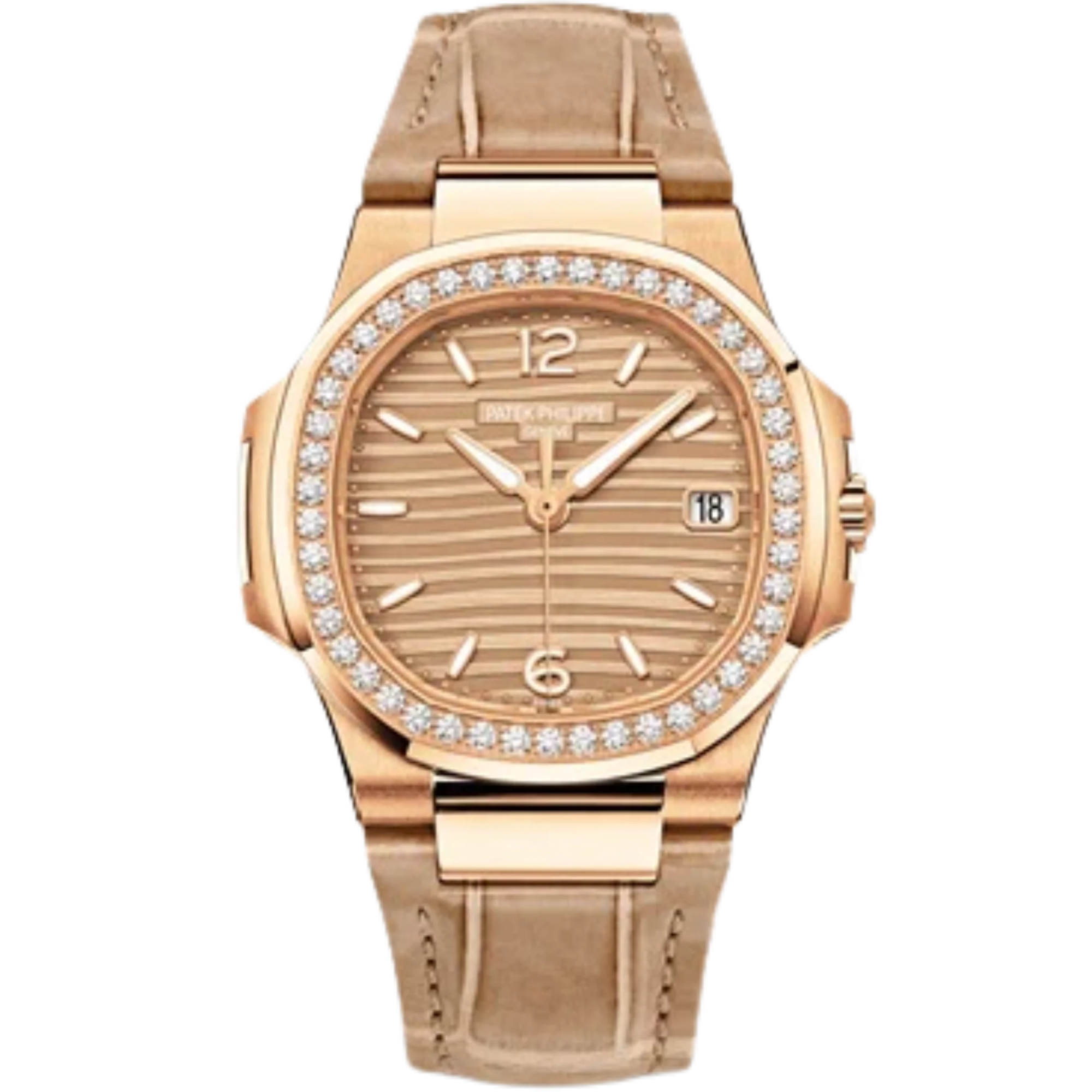 7010R-012 Nautilus Beige Shiny Alligator Strap Golden Embossed Dial Rose Gold Octagonal Diamond Bezel - Patek Philippe