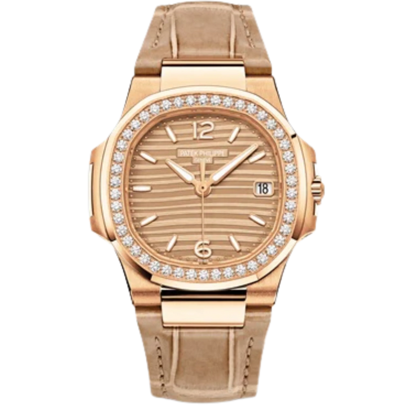 7010R-012 Nautilus Beige Shiny Alligator Strap Golden Embossed Dial Rose Gold Octagonal Diamond Bezel - Patek Philippe