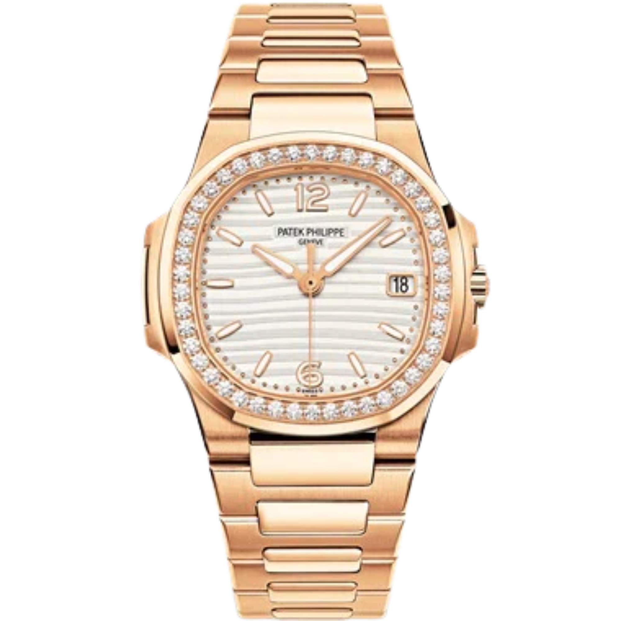 1R Nautilus Rose Gold Bracelet Silvery Opaline Embossed Dial Rose Gold Octagonal Diamond Bezel - Patek Philippe