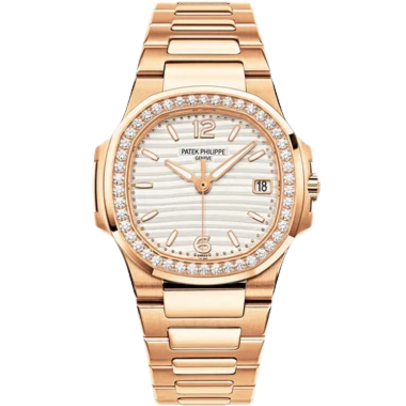 7010/1R Nautilus Rose Gold Bracelet Silvery Opaline Embossed Dial Rose Gold Octagonal Diamond Bezel - Patek Philippe
