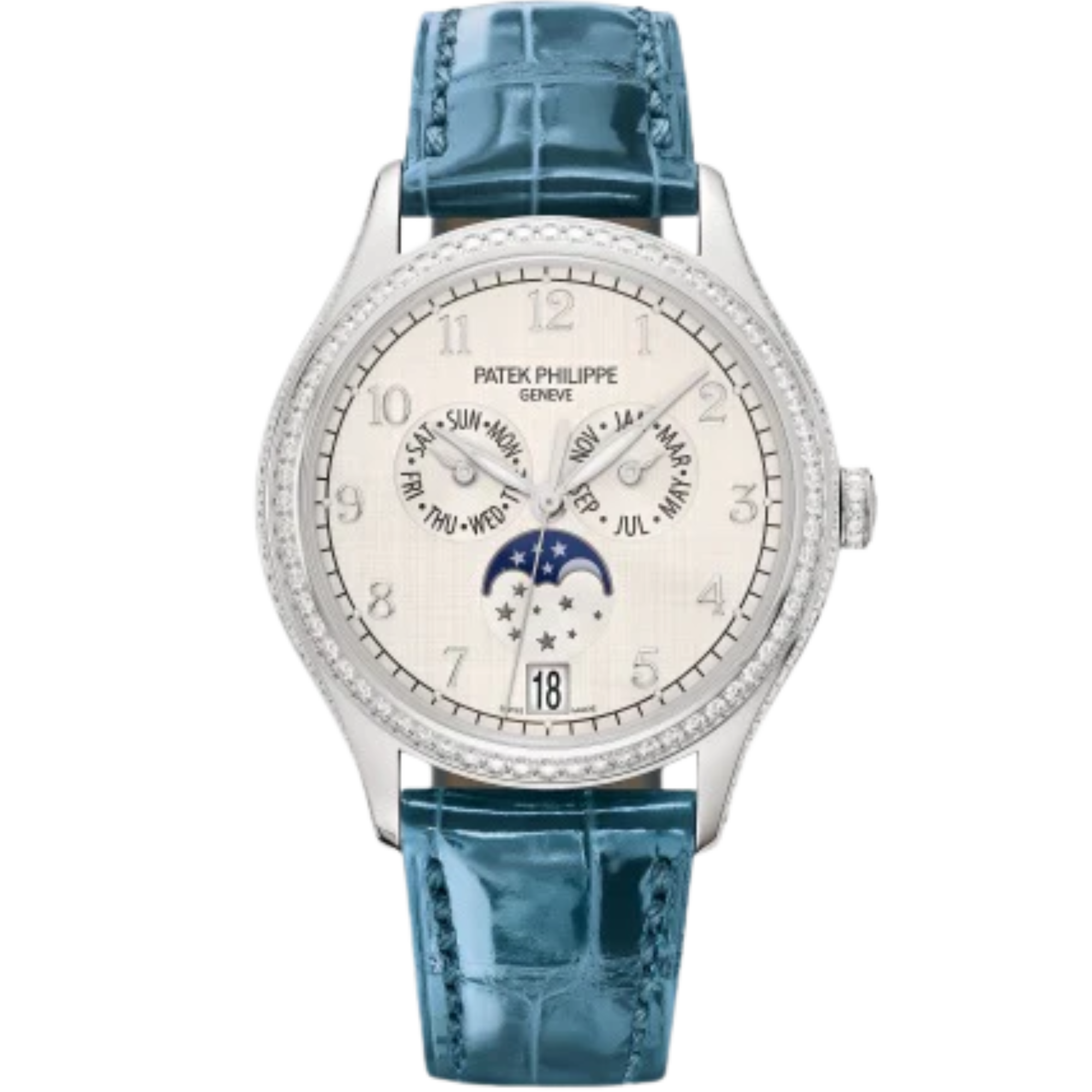 4947G Complications 38mm Shiny Peacock Blue Alligator Strap Silvery Satin Dial White Gold Diamond-paved Bezel - Patek Philippe