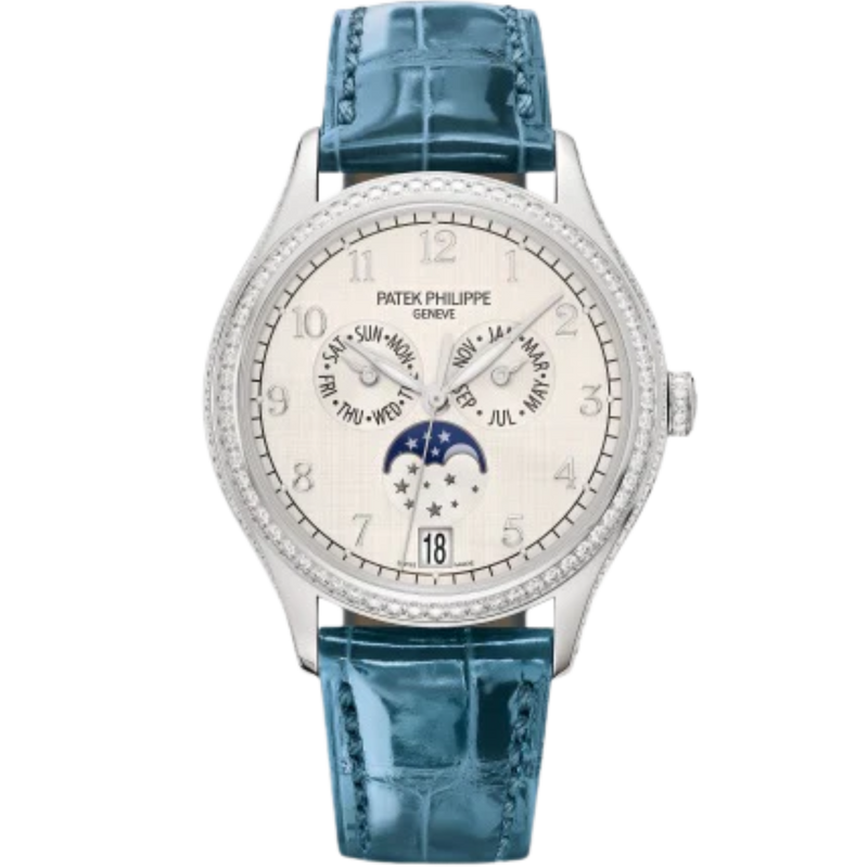 4947G Complications 38mm Shiny Peacock Blue Alligator Strap Silvery Satin Dial White Gold Diamond-paved Bezel - Patek Philippe