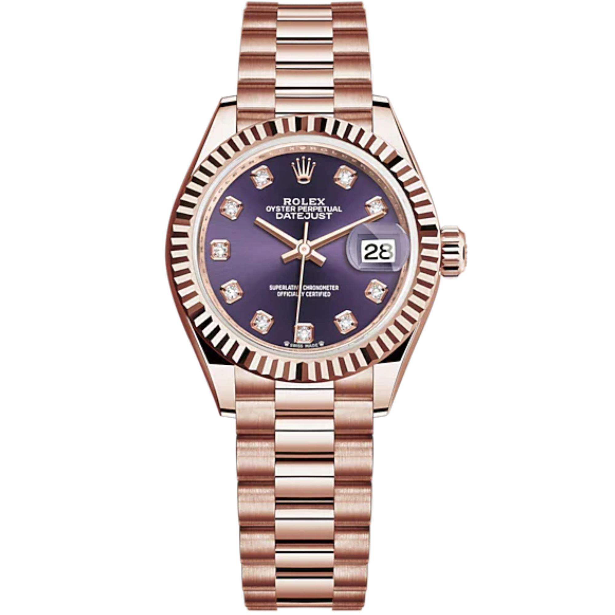 Lady-DateJust 28mm President Bracelet and 18 KT Everose Gold with Aubergine Dial Diamond-Set Dial Fluted Bezel - Rolex