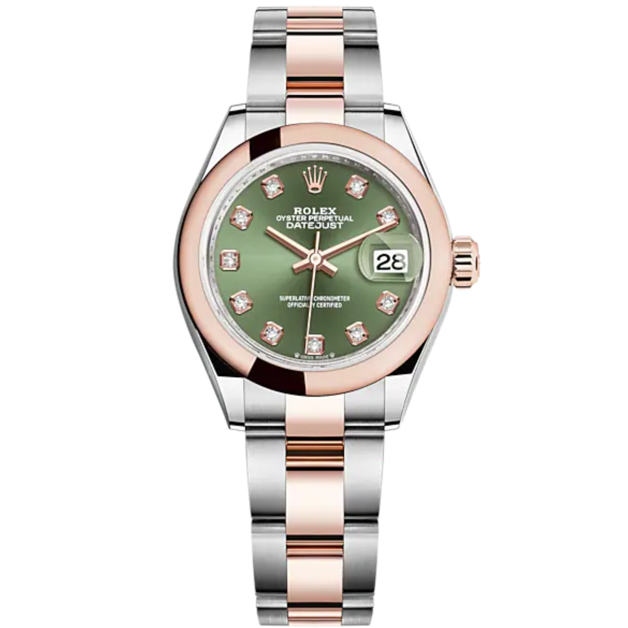 Lady-DateJust 28mm Oyster Oystersteel Bracelet and Everose Gold with Olive-Green Dial Diamond-Set Dial Domed Bezel - Rolex
