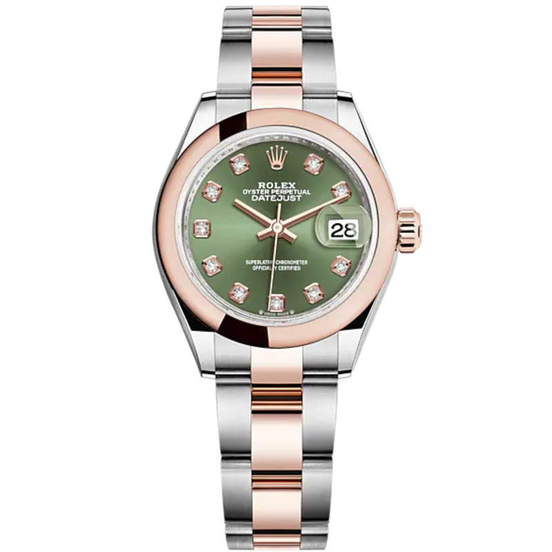 Lady-DateJust 28mm Oyster Oystersteel Bracelet and Everose Gold with Olive-Green Dial Diamond-Set Dial Domed Bezel - Rolex