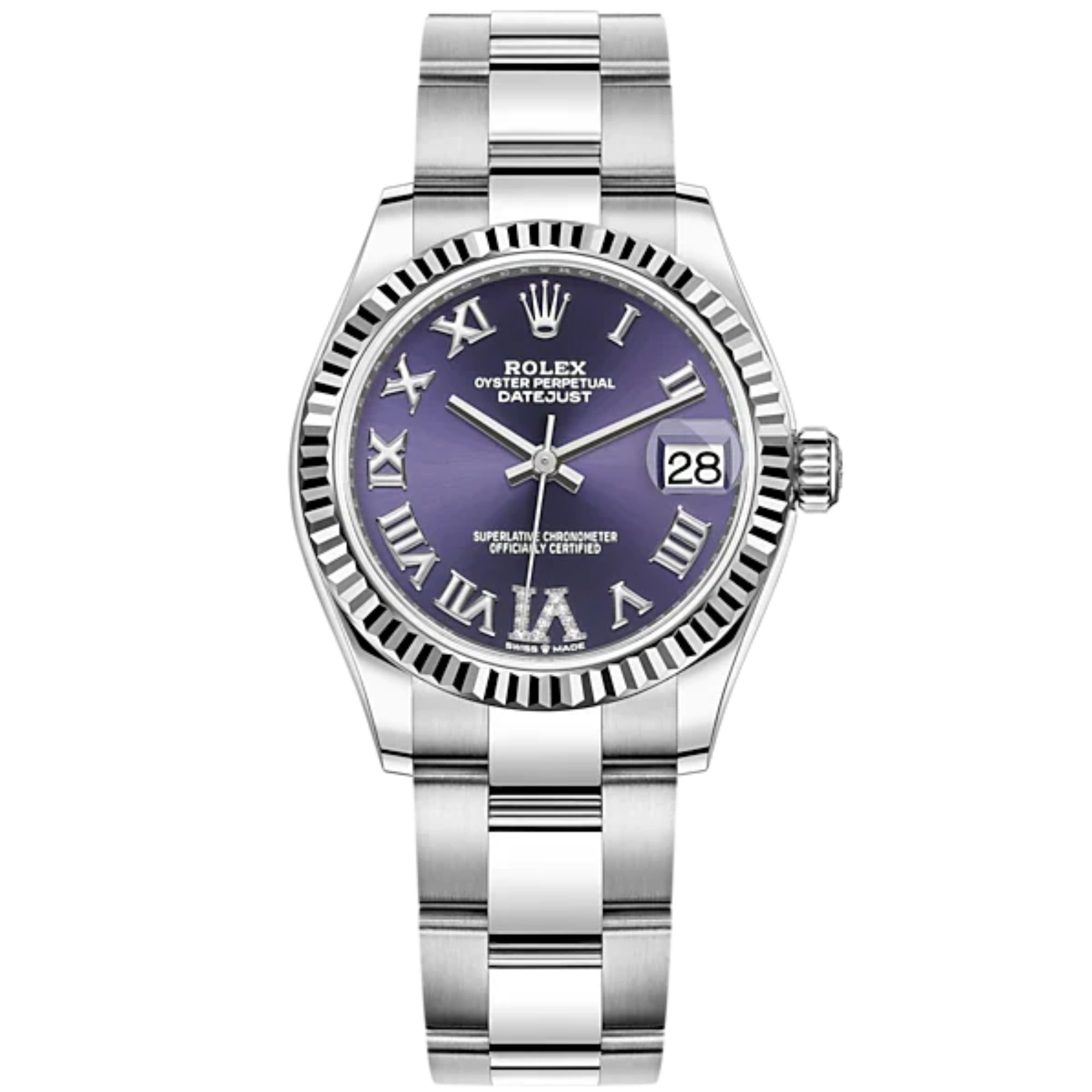 Datejust 31 31mm Oyster Bracelet Oystersteel and White Gold with Aubergine Diamond Dial Fluted Bezel - Rolex