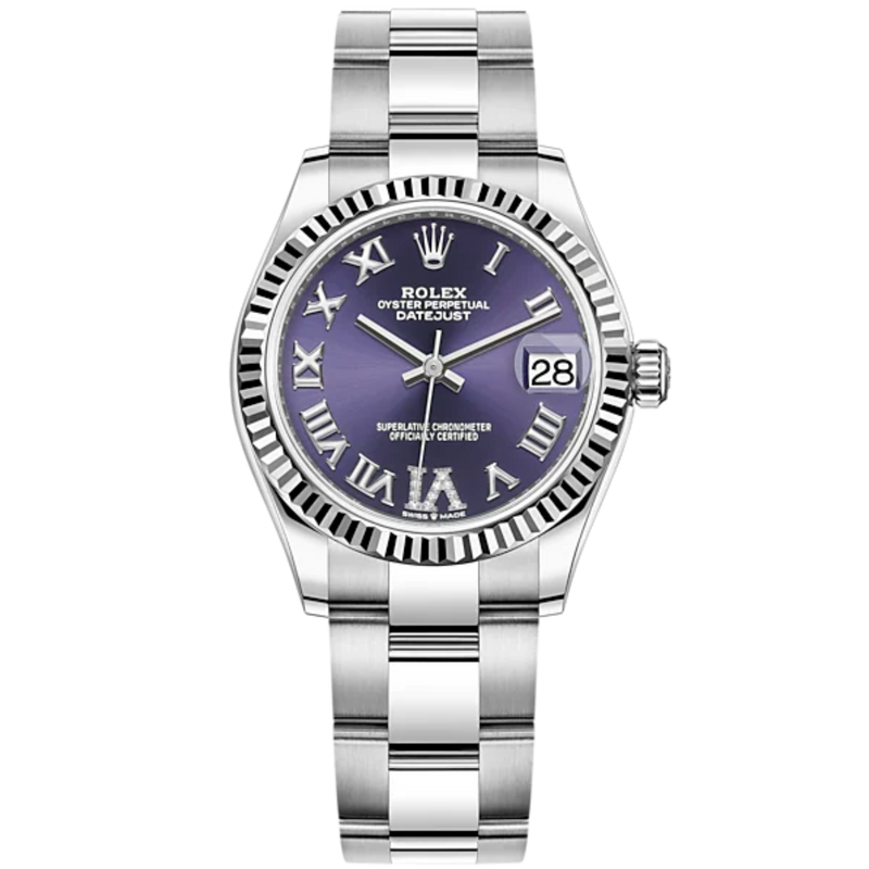 Datejust 31 31mm Oyster Bracelet Oystersteel and White Gold with Aubergine Diamond Dial Fluted Bezel - Rolex
