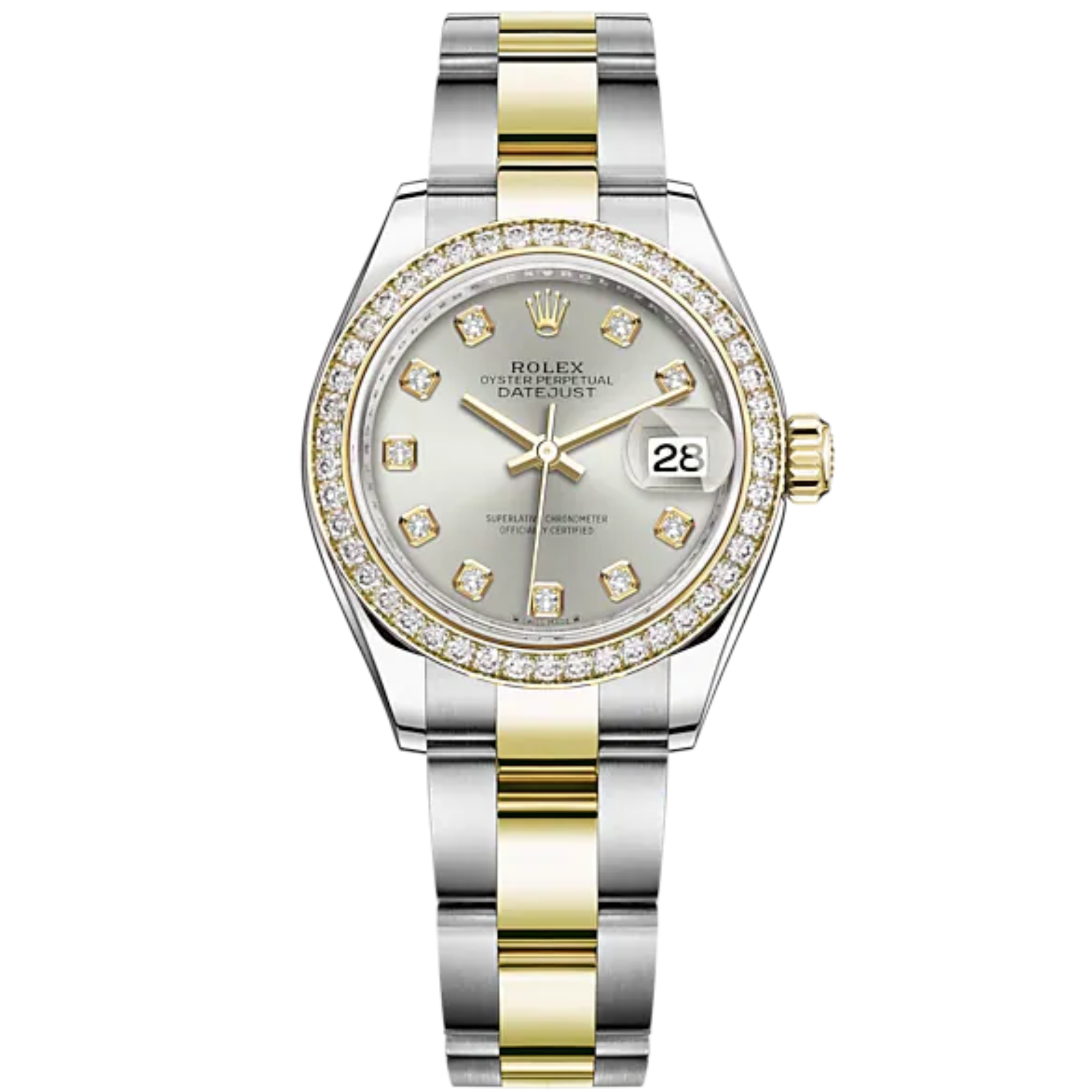 Lady-DateJust 28mm Oyster Oystersteel Bracelet and Yellow Gold with Silver Dial Diamond-Set Dial Diamond-Set Bezel - Rolex