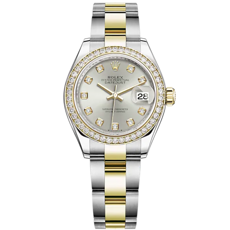 Lady-DateJust 28mm Oyster Oystersteel Bracelet and Yellow Gold with Silver Dial Diamond-Set Dial Diamond-Set Bezel - Rolex