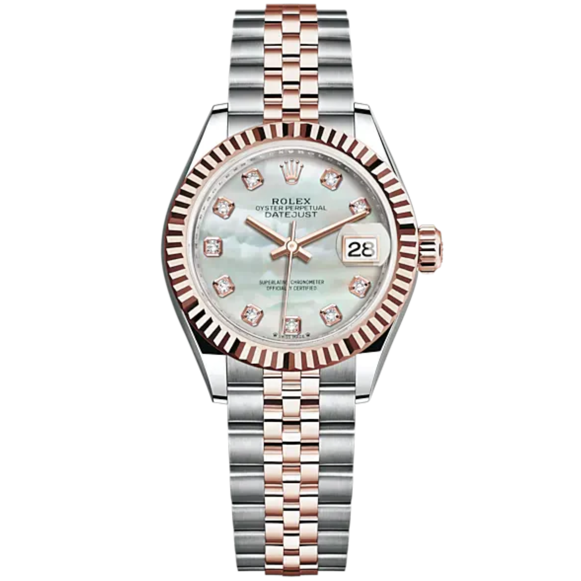 Lady-DateJust 28mm Oystersteel Jubilee Bracelet and Everose Gold with White Mother-of-Pearl Dial Diamond-Set Dial Fluted Bezel - Rolex