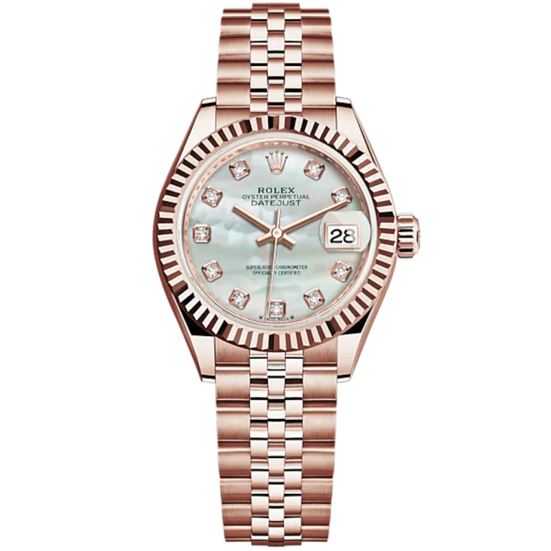 Lady-DateJust 28mm Jubilee Bracelet and 18 KT Everose Gold with White Mother-of-Pearl Diamond-Set Dial Fluted Bezel - Rolex