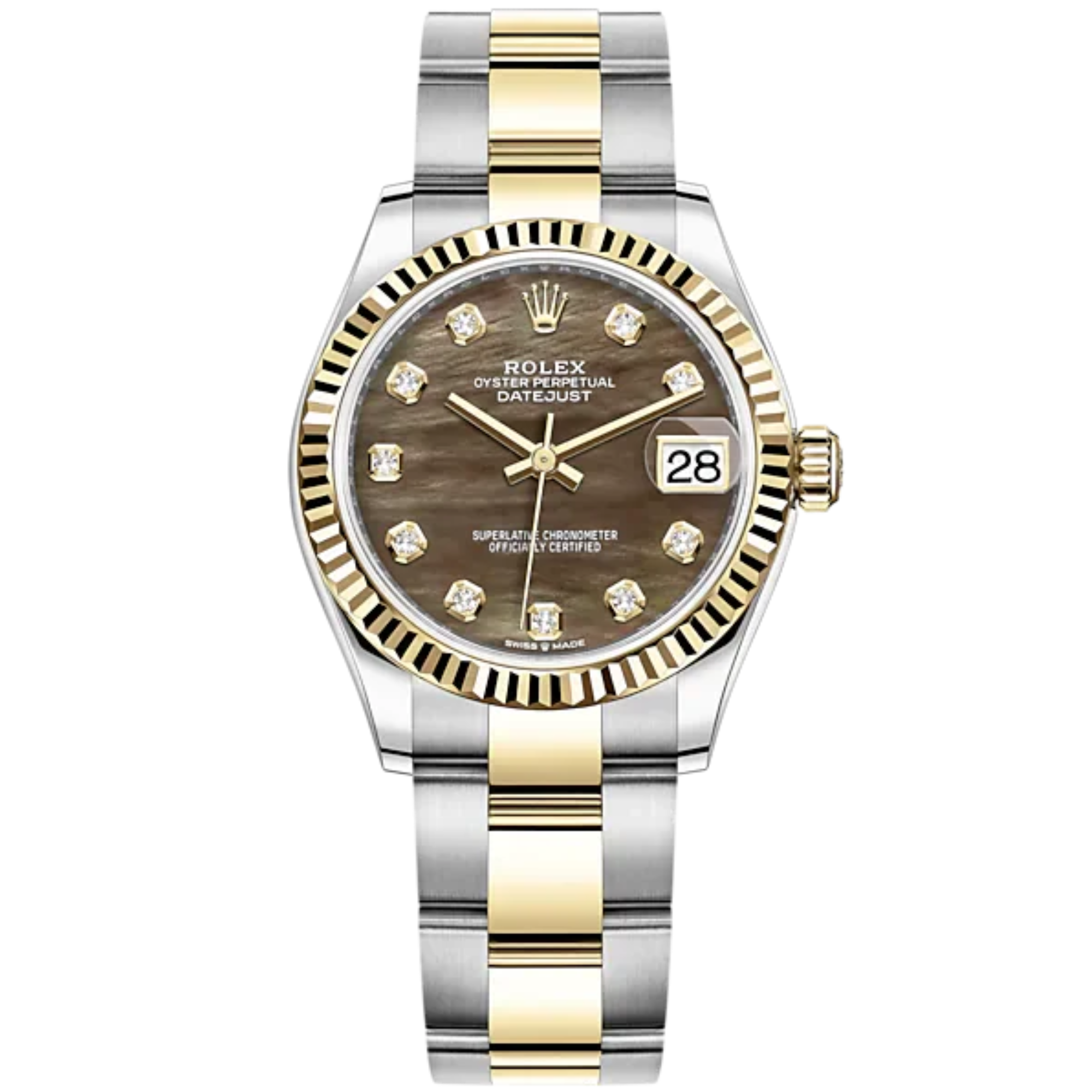 Datejust 31 31mm Oyster Bracelet Oystersteel and Yellow Gold with Black Mother-Of-Pearl Diamond-Set Dial Fluted Bezel - Rolex