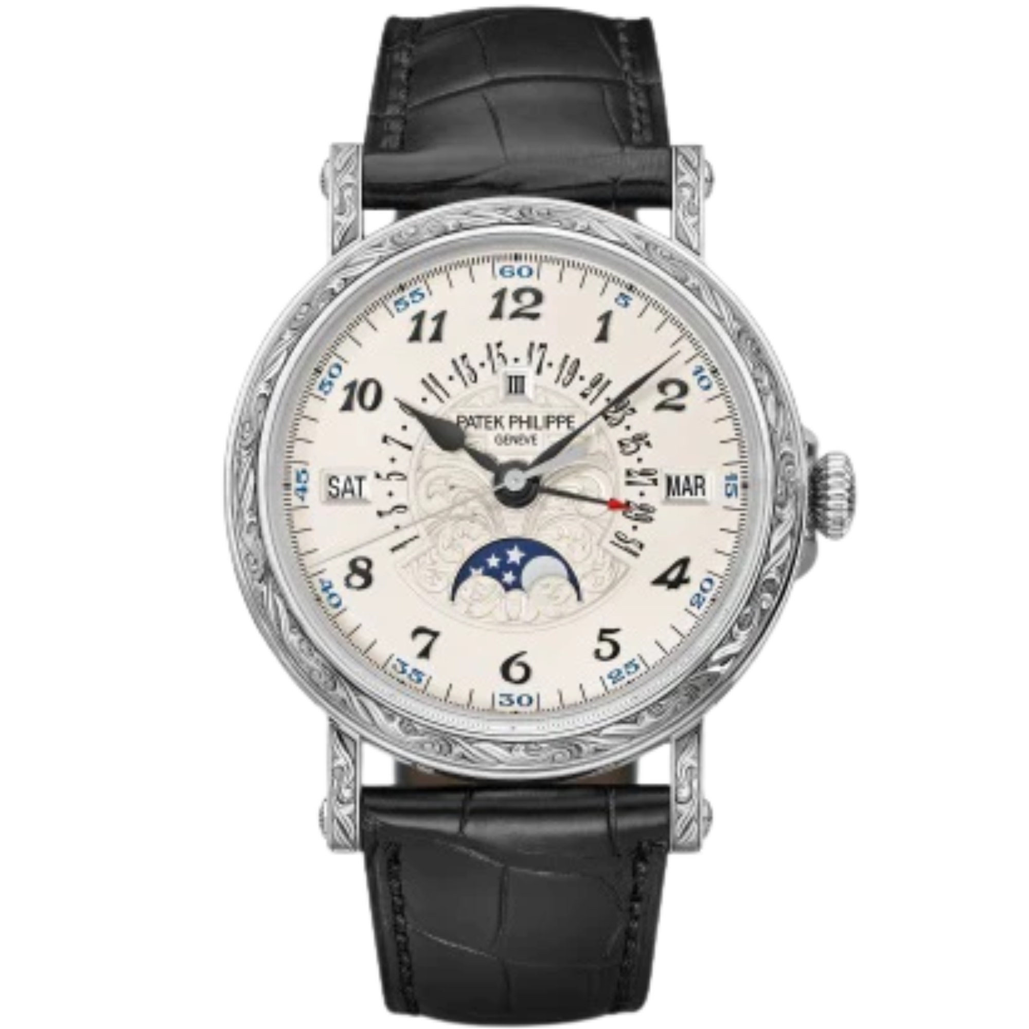 500G Grand Complications 38mm Matte Black Alligator Strap Silvery Opaline Dial Hand-Engraved White Gold Bezel - Patek Philippe