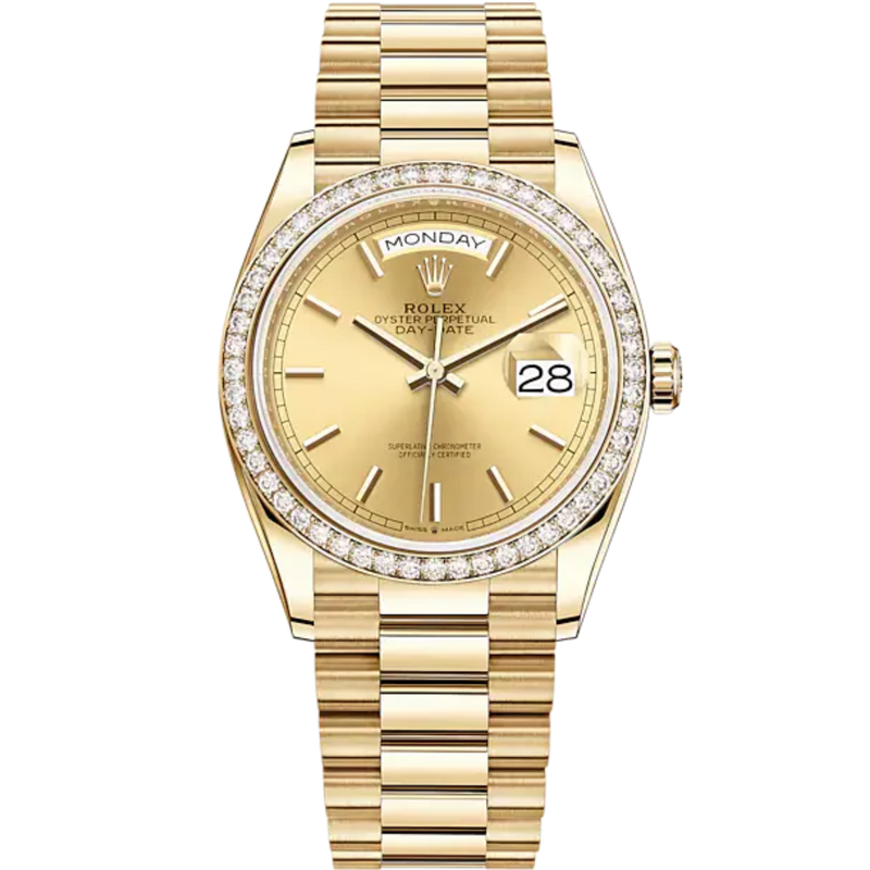 Day-Date 36 36mm President Bracelet and 18 KT Yellow Gold with Champagne-Colour Dial and Diamond-Set Bezel - Rolex