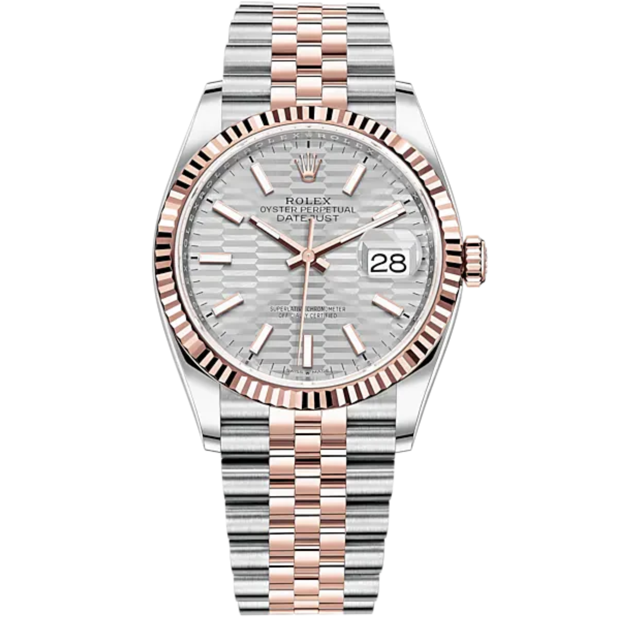 Datejust 36 36mm Oystersteel Jubilee Bracelet and Everose Gold with Silver Palm-Motif Dial Fluted Bezel - Rolex
