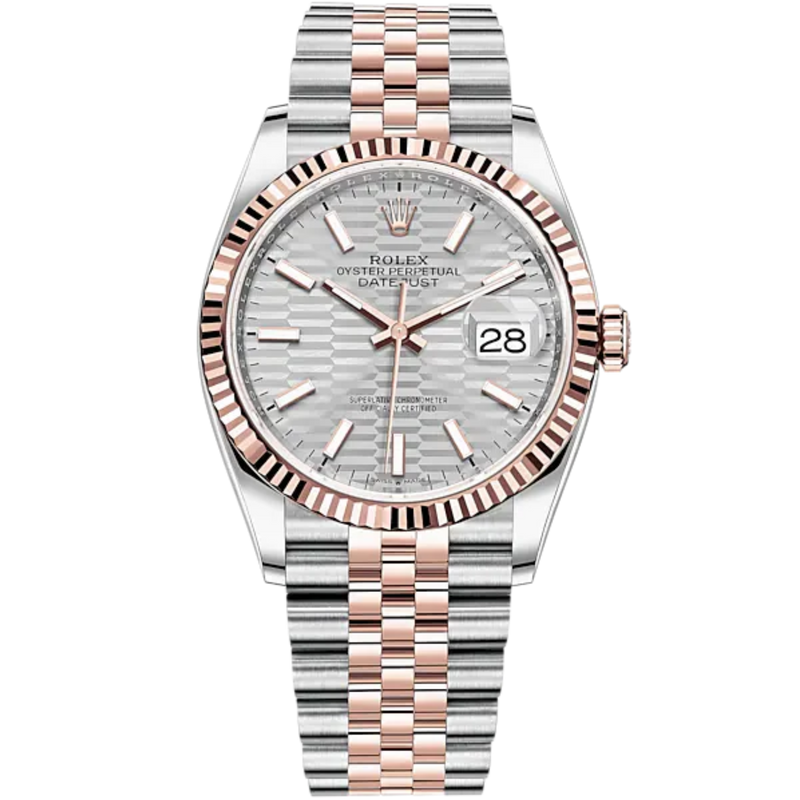 Datejust 36 36mm Oystersteel Jubilee Bracelet and Everose Gold with Silver Palm-Motif Dial Fluted Bezel - Rolex
