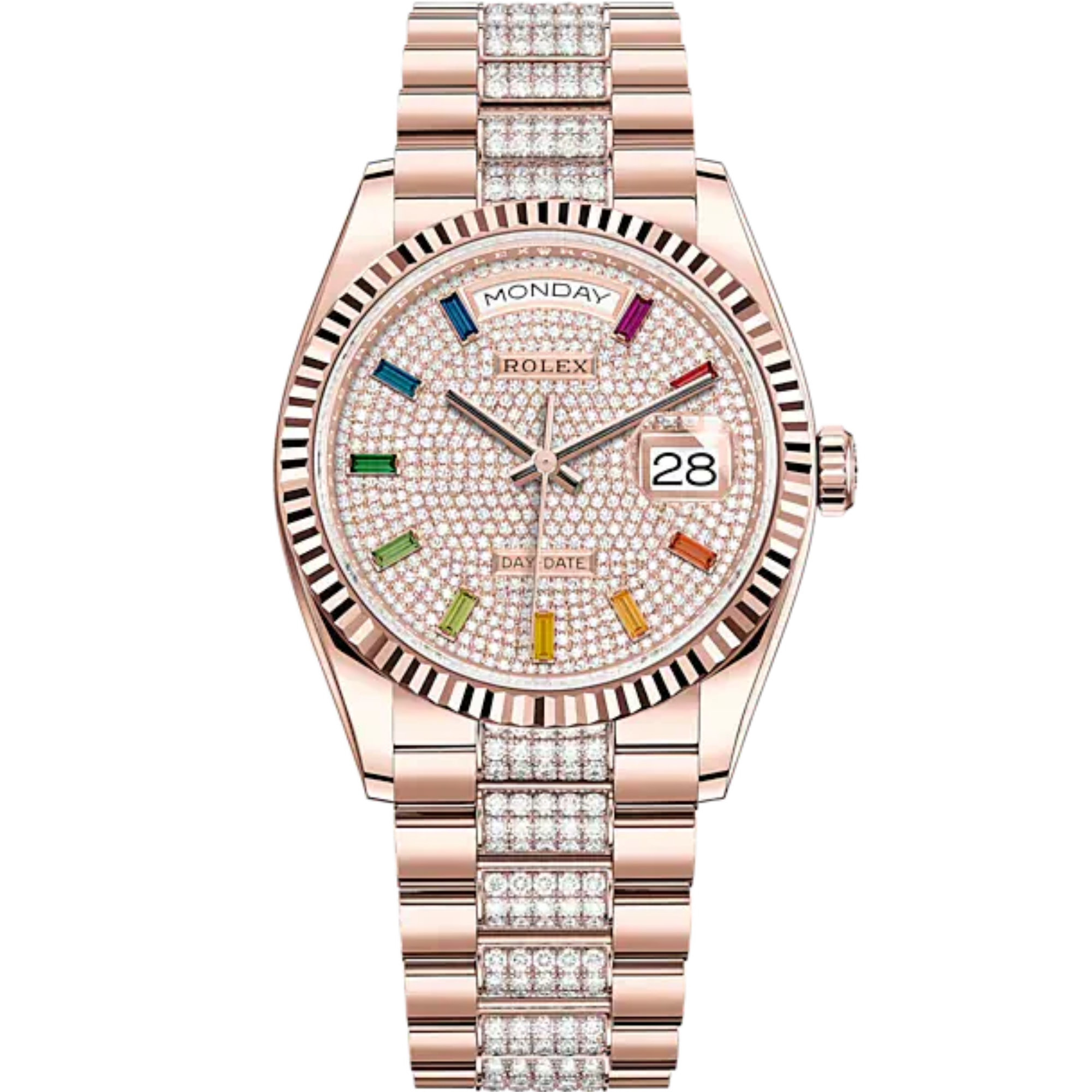Day-Date 36 36mm President Bracelet and 18 KT Everose Gold with Diamond-Paved Dial Fluted Bezel - Rolex